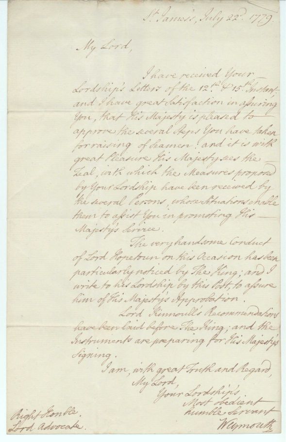(Thomas, 3rd Viscount Weymouth, 1st Marquis of Bath, 1734-1796, Statesman, Viceroy of Ireland) — Sophie Dupré Autographs