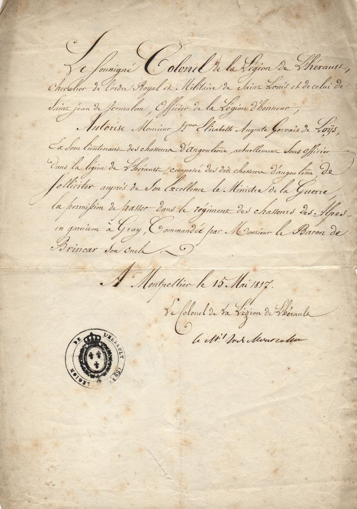 (Hippolyte, 1776-1858, Marquis de Montcalm, Field-Marshal, grandson of the defender of Quebec) — Sophie Dupré Autographs
