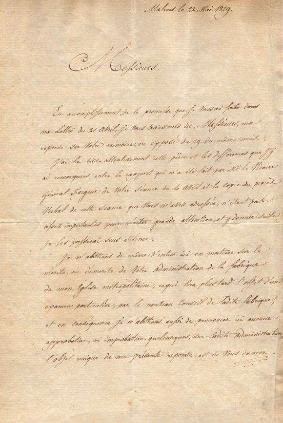(François Antoine, 1756-1831, the last Prince-Bishop of Liège 1792-1801, as Archbishop of Mechelen (Malines) the first Primate of Belgium from 1817, Comte de) — Sophie Dupré Autographs