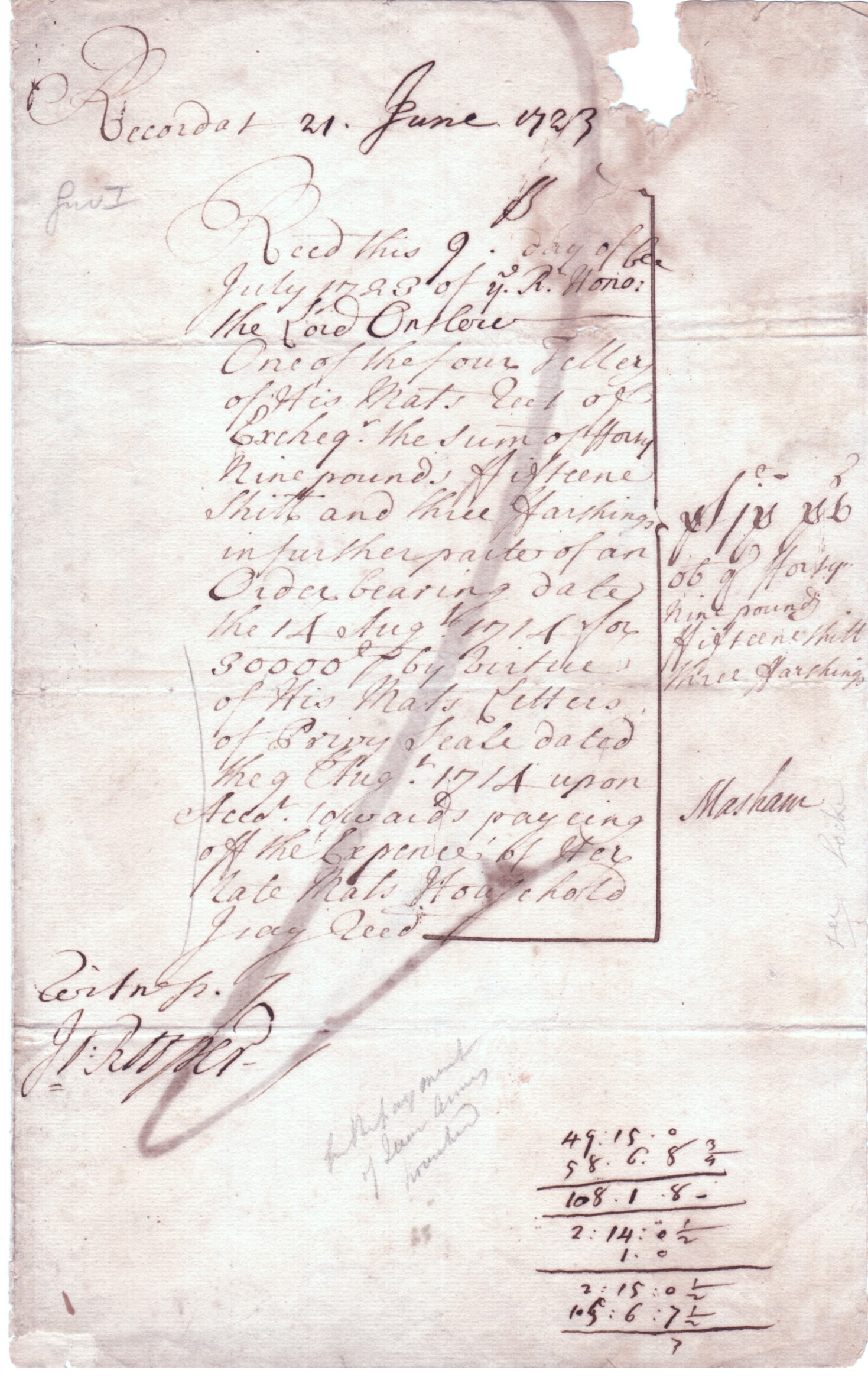 (Samuel, 1679-1758, Cofferer of the Household to Queen Anne, from 1712 1st Baron) — Sophie Dupré Autographs