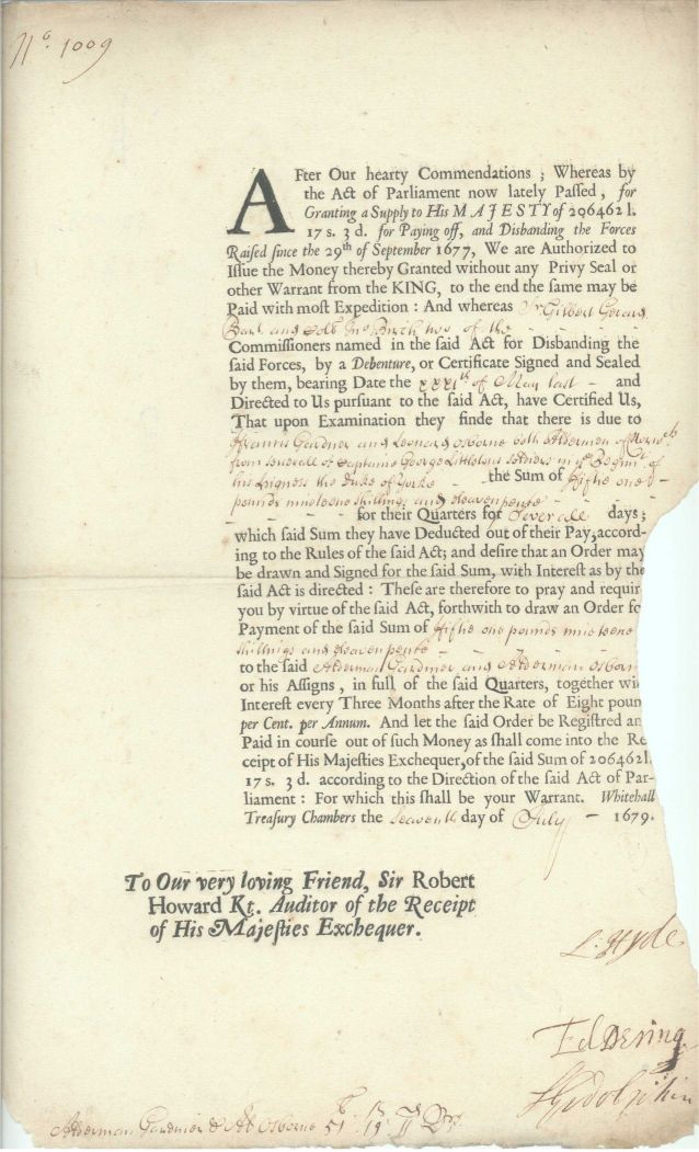 (Laurence Hyde, 1641-1711, 1st Earl, brother-in-law of James II), DERING (Sir Edward, 1625-1684, 2nd Bt.), and GODOLPHIN (Sidney, 1645-1712, 1st Earl, Queen Anne's Lord High Treasurer), — Sophie Dupré Autographs