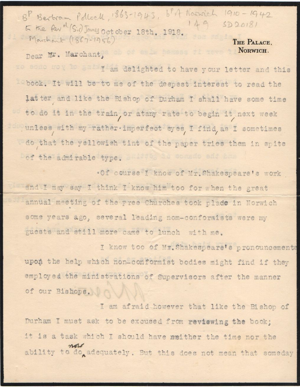 (Bertram, 1863-1943, Bp. of Norwich 1910-1942) — Sophie Dupré Autographs