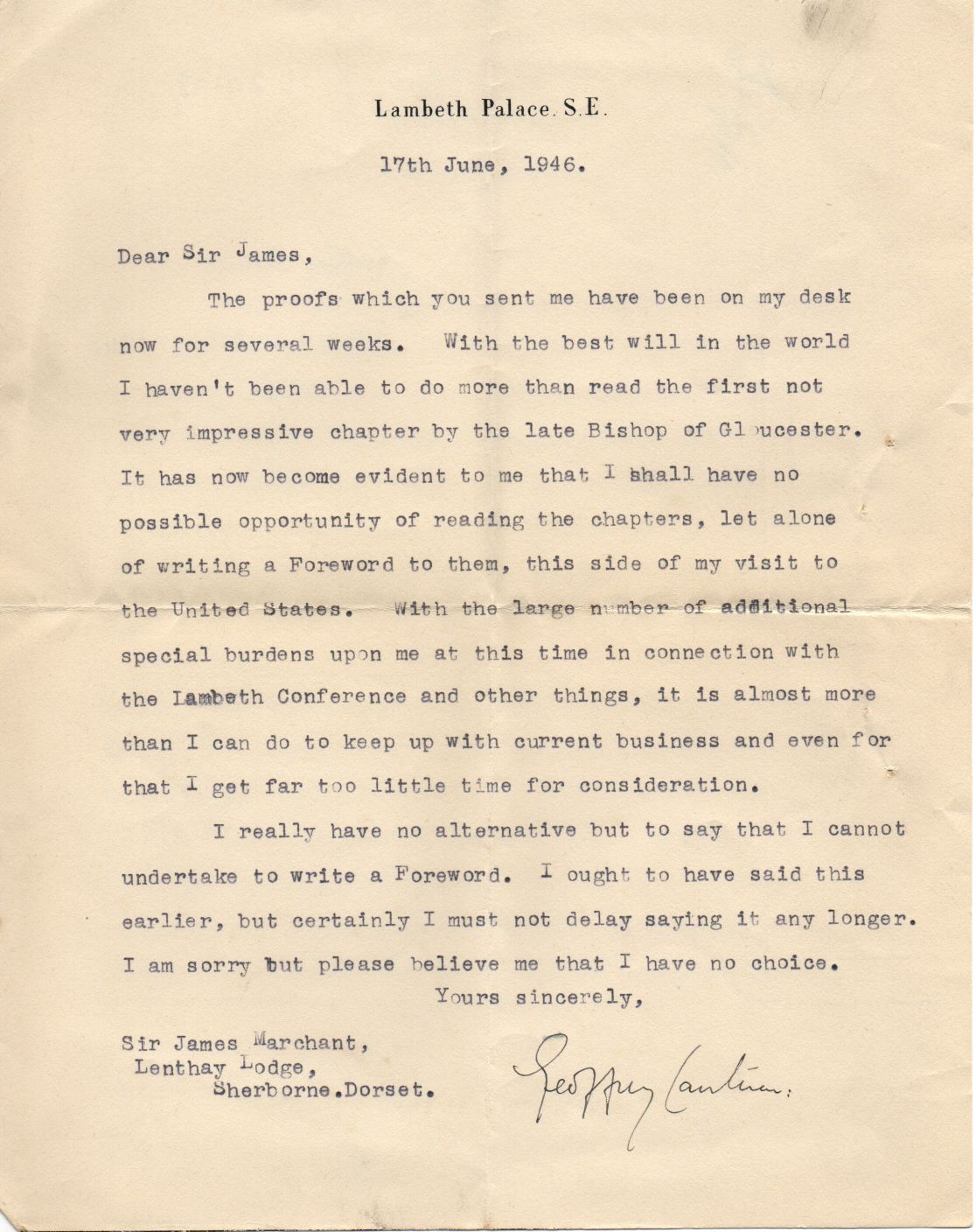 (Dr Geoffrey, 1887-1972, Baron Fisher of Lambeth, Archbishop of Canterbury 1945-1961) — Sophie Dupré Autographs
