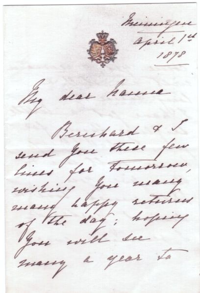 (1860-1919, eldest daughter of Emperor Friedrich III, from 1878 wife of Bernhard III, Duke of Saxe-Meiningen, sister of Kaiser Wilhelm II, Queen Victoria's Grandchild) — Sophie Dupré Autographs
