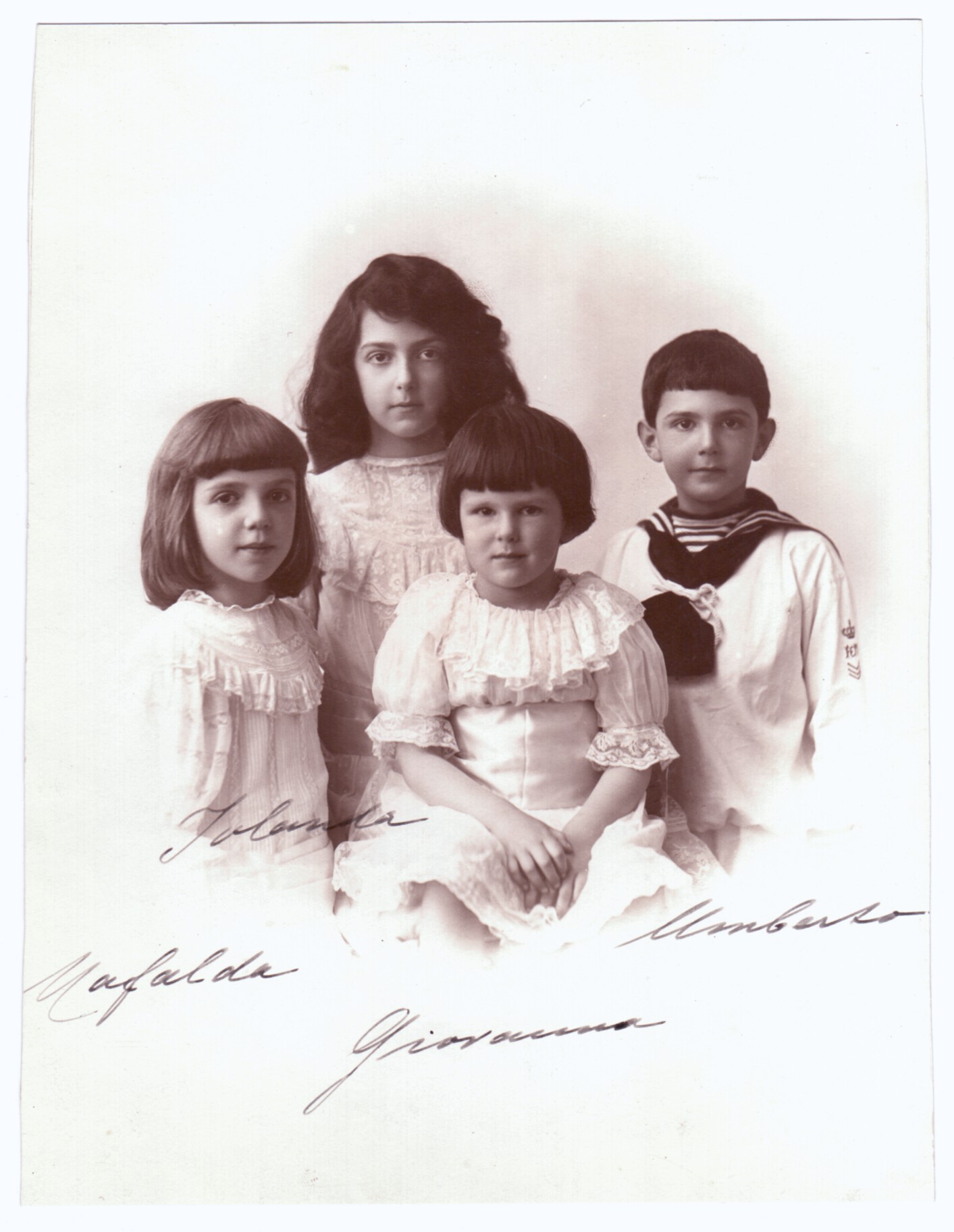 (1904-1989, Duke of Savoy, King of Italy), JOLANDA (b. 1901), MAFALDA (1902-1944, died in Buchenwald Concentration Camp) & GIOVANNA (b. 1907, wife of Boris III of Bulgaria) — Sophie Dupré Autographs
