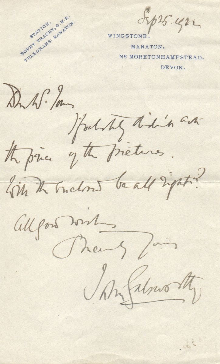 (John, 1867-1933, Author of 'The Forsyte Saga', Winner of the Nobel Prize for Literature) — Sophie Dupré Autographs