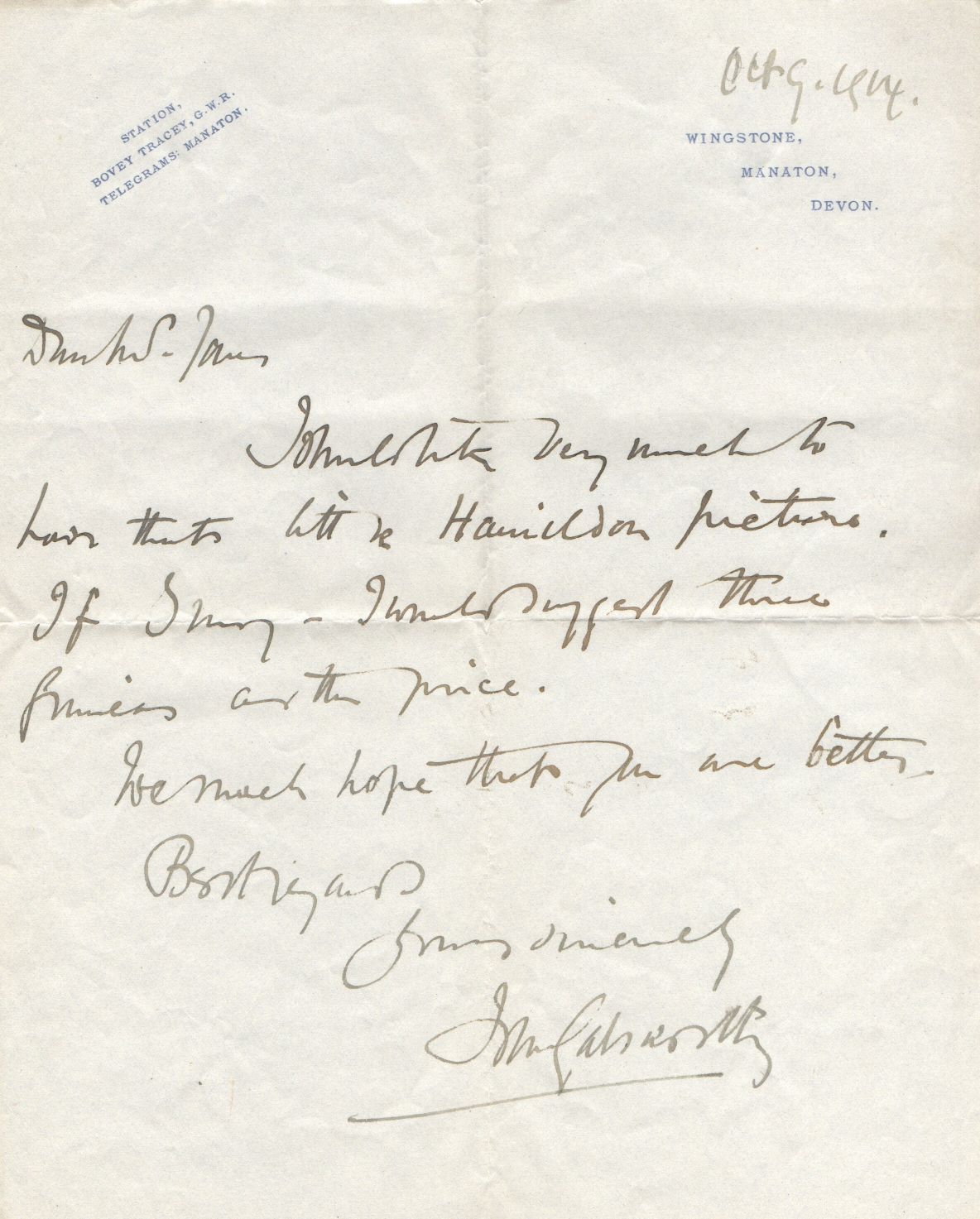 (John, 1867-1933, Author of 'The Forsyte Saga', Winner of the Nobel Prize for Literature) — Sophie Dupré Autographs