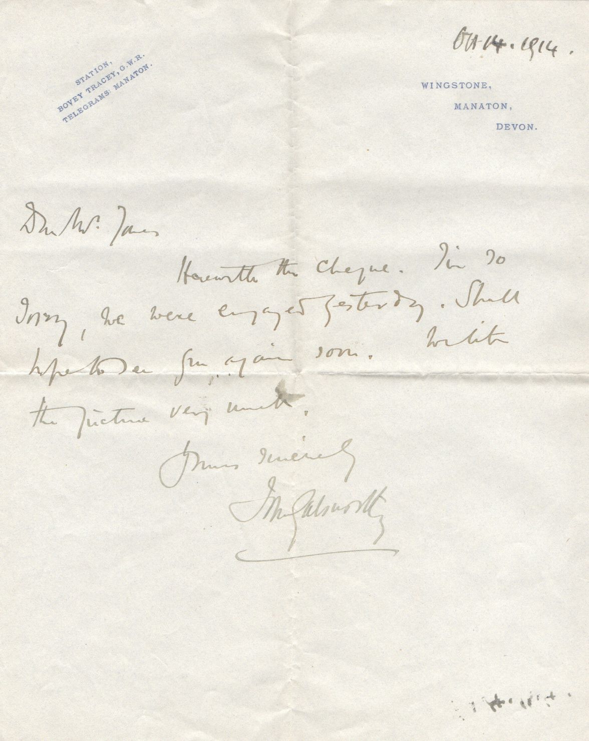 (John, 1867-1933, Author of 'The Forsyte Saga', Winner of the Nobel Prize for Literature) — Sophie Dupré Autographs
