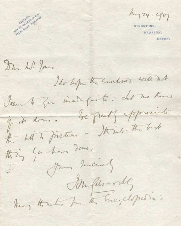 (John, 1867-1933, Author of 'The Forsyte Saga', Winner of the Nobel Prize for Literature) — Sophie Dupré Autographs