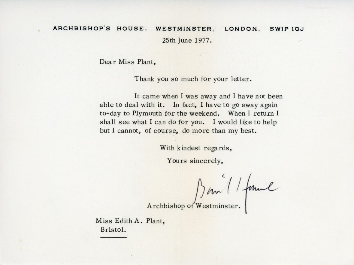 (George 'Basil', 1923-2001, Archbishop of Westminster since 1976) — Sophie Dupré Autographs