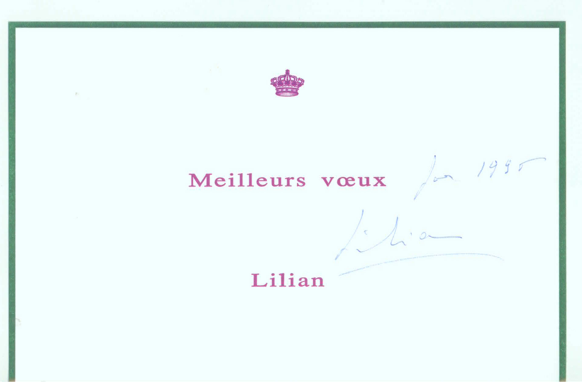(née Mary Lilian Baels, 1916-2002, best known as Lilian Princess of Réthy, second wife of King Leopold III of the Belgians) — Sophie Dupré Autographs