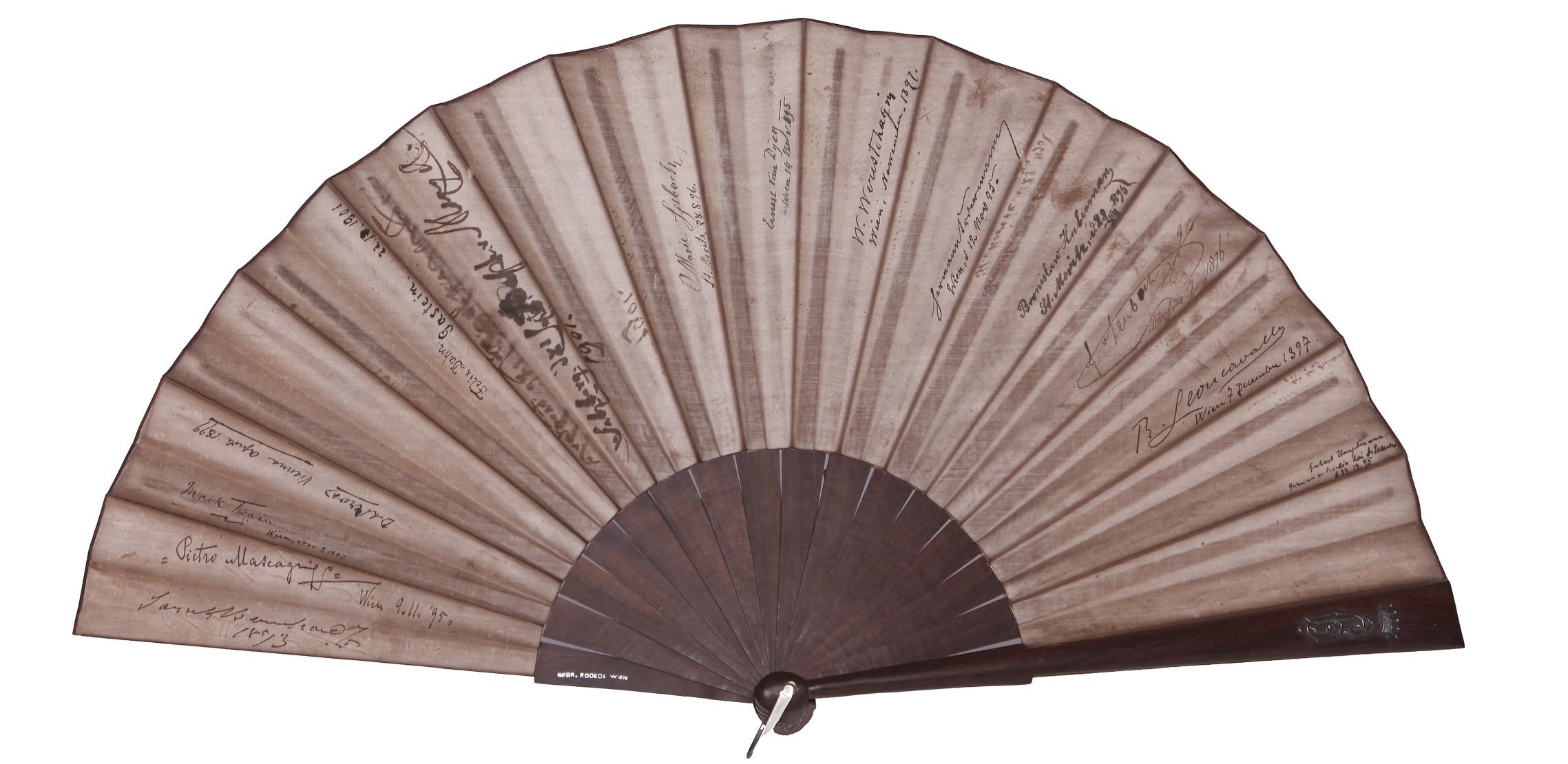 (Mark, 1835-1910, pseudonym of Samuel L. Clemens, American Author of Tom Sawyer), Sarah BERNHARDT (1844-1923, Actress, 'The Divine Sarah'), Pietro MASCAGNI (1863-1945, Italian Composer), Gerhart HAUPTMANN (1862-1946, German Dramatist & Novelist, Nobel Prizewinner, 1912), Hermann SUDERMANN (1857-1928, German Novelist and Playwright), Ruggero LEONCAVALLO (1857-1919, Italian Composer), Bronislaw HUBERMAN (1882-1947, Polish Violinist), Ernest van DYCK (1861-1923, Belgian Wagnerian Tenor), Vasily VERESHCHAGIN (1842-1904, Russian Artist of the horrors of war, here in German spelling 'W. Werestchagin'), Franz von LENBACH (1836-1904, German Painter) & Felix DAHN (1834-1912, German Historian & Novelist) — Sophie Dupré Autographs