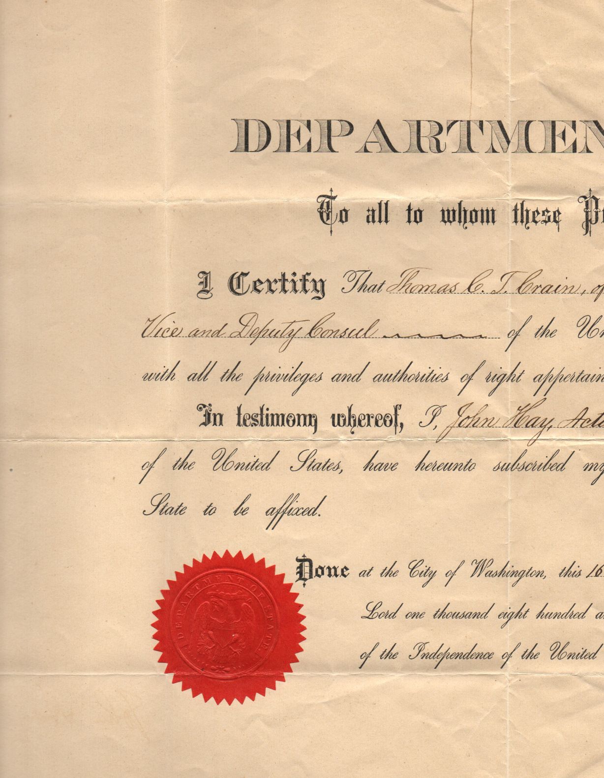 (John Milton, 1838–1905, American Author and Statesman, Hay accompanied Lincoln to Washington and was the President's assistant private secretary until his death) — Sophie Dupré Autographs