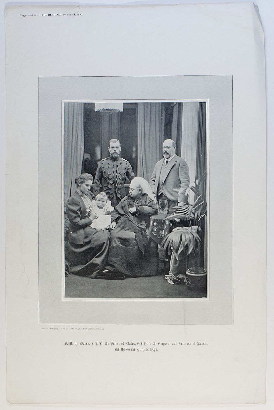 (1868-1918, Tsar of Russia from 1894, Assassinated after the Revolution), ALEXANDRA FEODOROVNA (1872-1918, the Tsarina), with their daughter OLGA (1895-1918, Grand Duchess), with the Great Grandmother Queen VICTORIA ( and their British Uncle, the future EDWARD VII (1841-1910, King of Great Britain) — Sophie Dupré Autographs