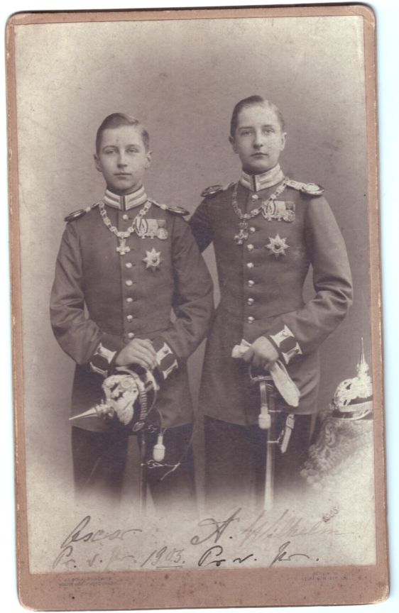 (Empress, 1858-1921, first Wife of Kaiser Wilhelm II, 1859-1941) signing for her sons Prince AUGUST WILHELM (1887-1949, 4th son of Kaiser Wilhelm II, married his cousin Princess Alexandra Victoria of Schleswig-Holstein) and Prince OSKAR (1888-1958, 5th son of Kaiser Wilhelm II, married Countess Ina-Marie von Bassewitz) — Sophie Dupré Autographs