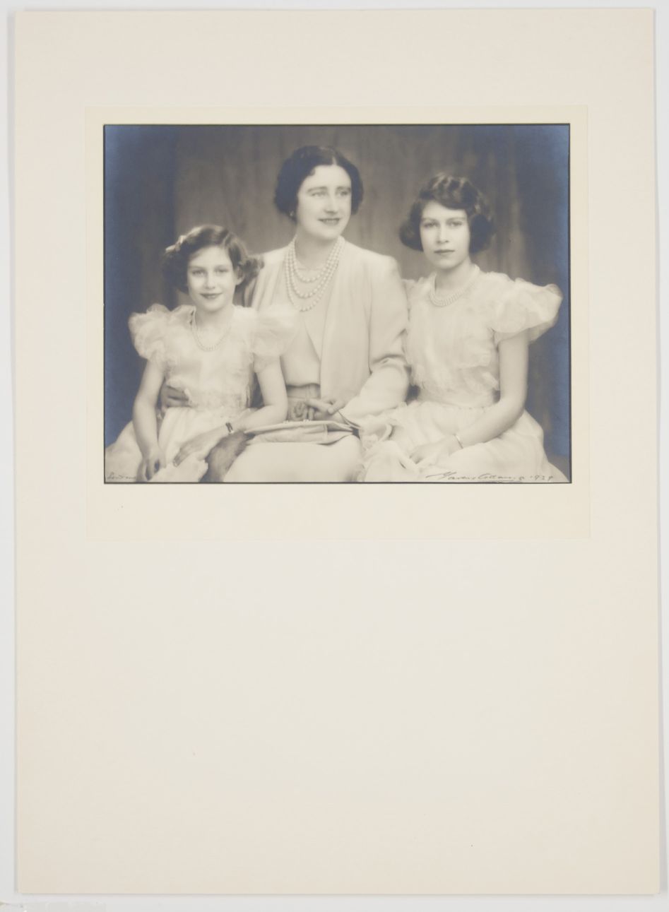 (1900-2002, Queen of George VI), and her daughters ELIZABETH II (1926-2022, Longest Serving Monarch of Great Britain) & MARGARET (Rose, 1930-2002, Princess, Countess of Snowdon)] — Sophie Dupré Autographs