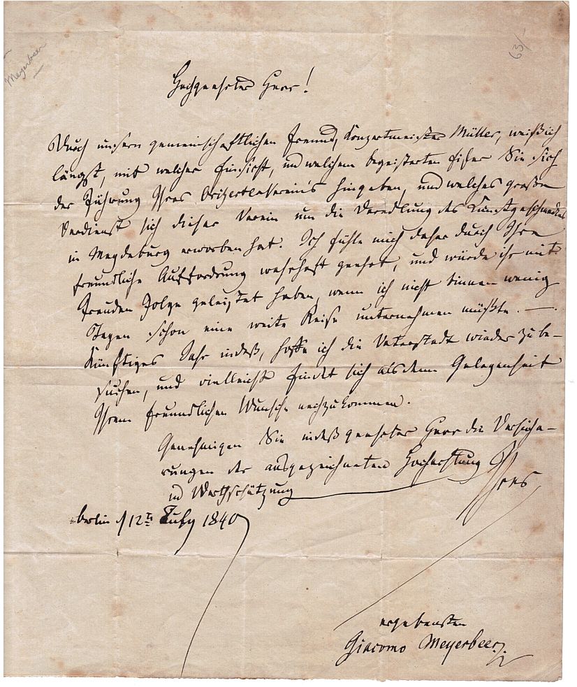 (Giacomo, 1791-1864, German Operatic Composer) — Sophie Dupré Autographs