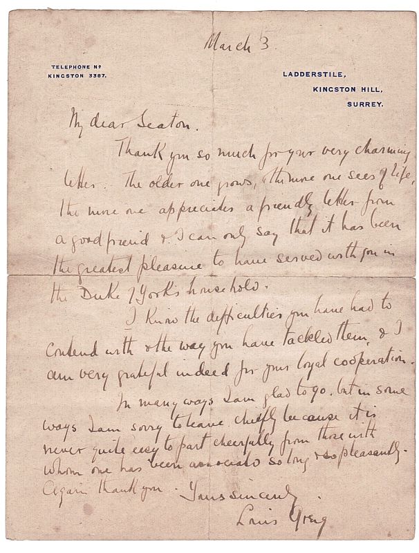 (Group-Captain Sir Louis, 1880-1953, Comptroller, 1920-1923, and from 1924 Gentleman Usher to the Duke of York (George VI)  and to Elizabeth II) — Sophie Dupré Autographs