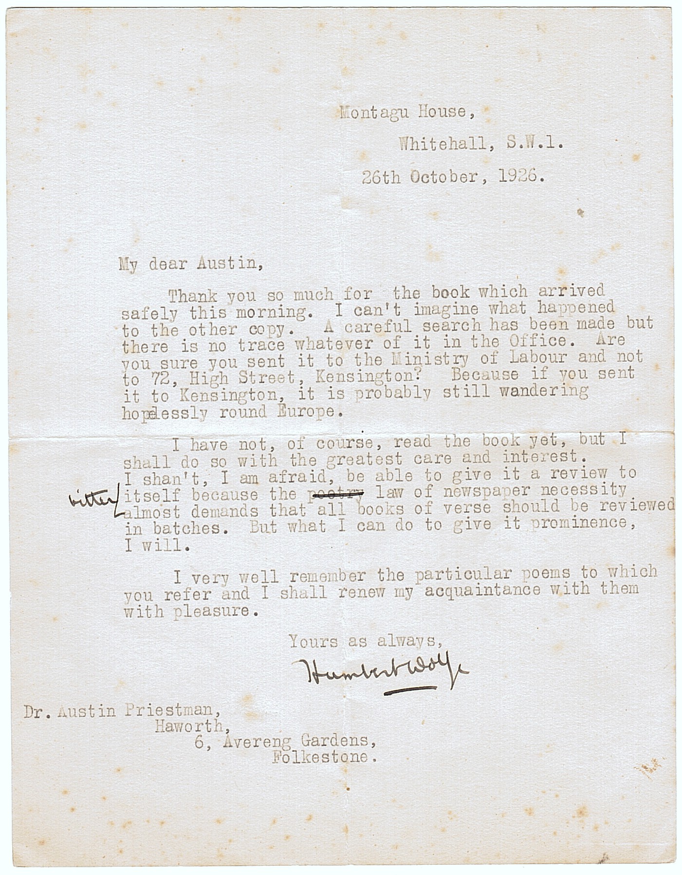 (Humbert, 1885-1940, Poet & Critic) — Sophie Dupré Autographs