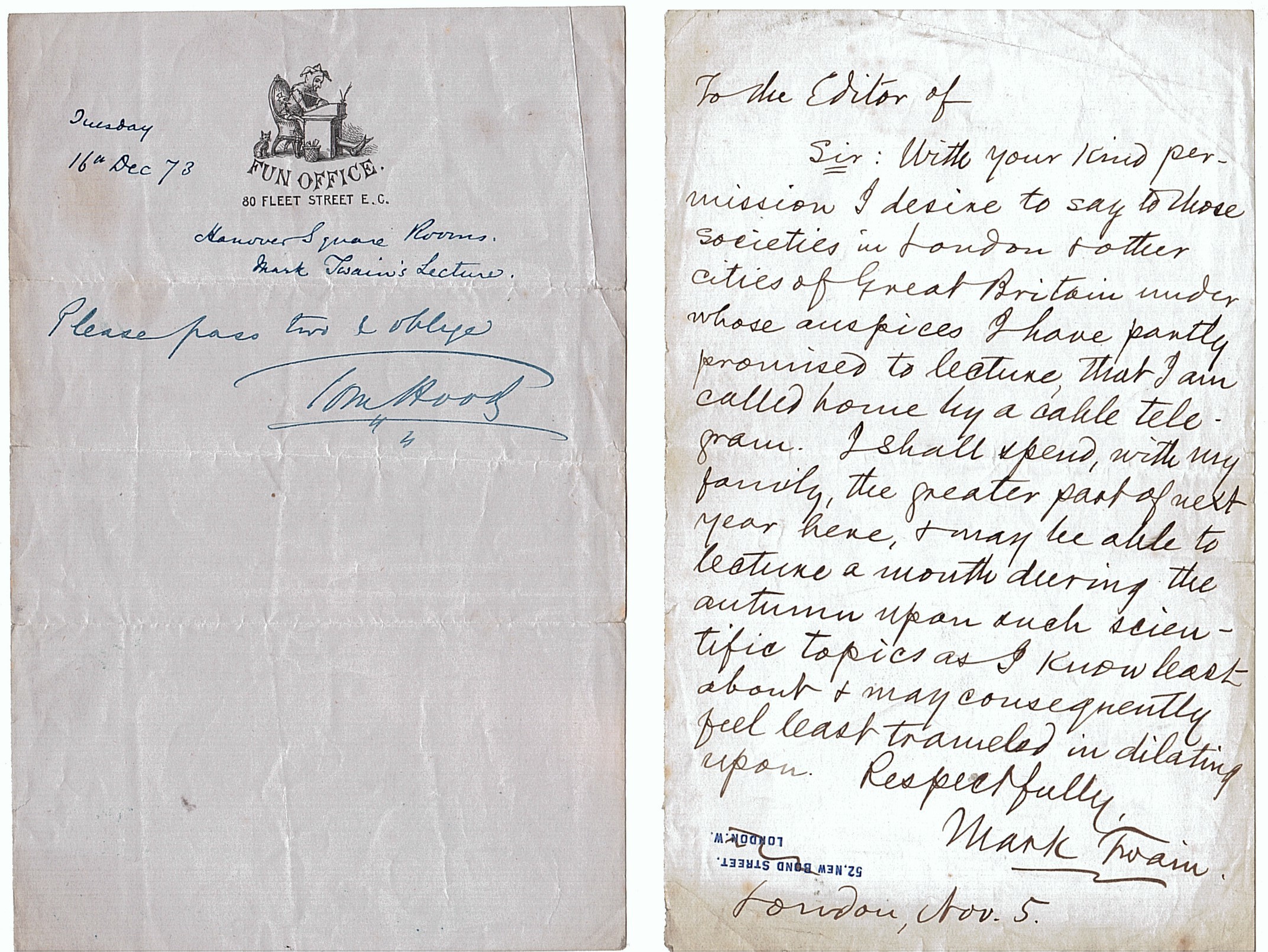(Mark, 1835-1910, pseudonym of Samuel L. Clemens, American Author of Tom Sawyer) and Thomas HOOD (the Younger, 1835-1874, 'Tom Hood', Humorist) — Sophie Dupré Autographs
