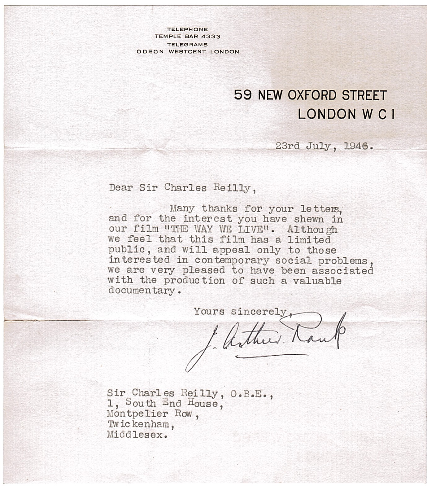 (J. Arthur, 1888-1972, Film Magnate, Baron) — Sophie Dupré Autographs