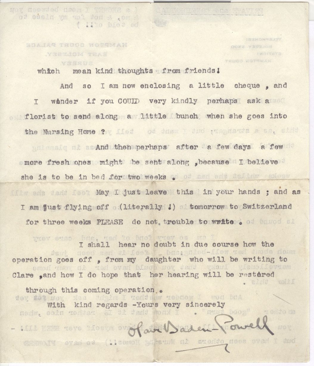 (Lady Olave, 1889-1977, World Chief Guide, Chief Commissioner for the Girl Guides, wife of Sir Robert) — Sophie Dupré Autographs