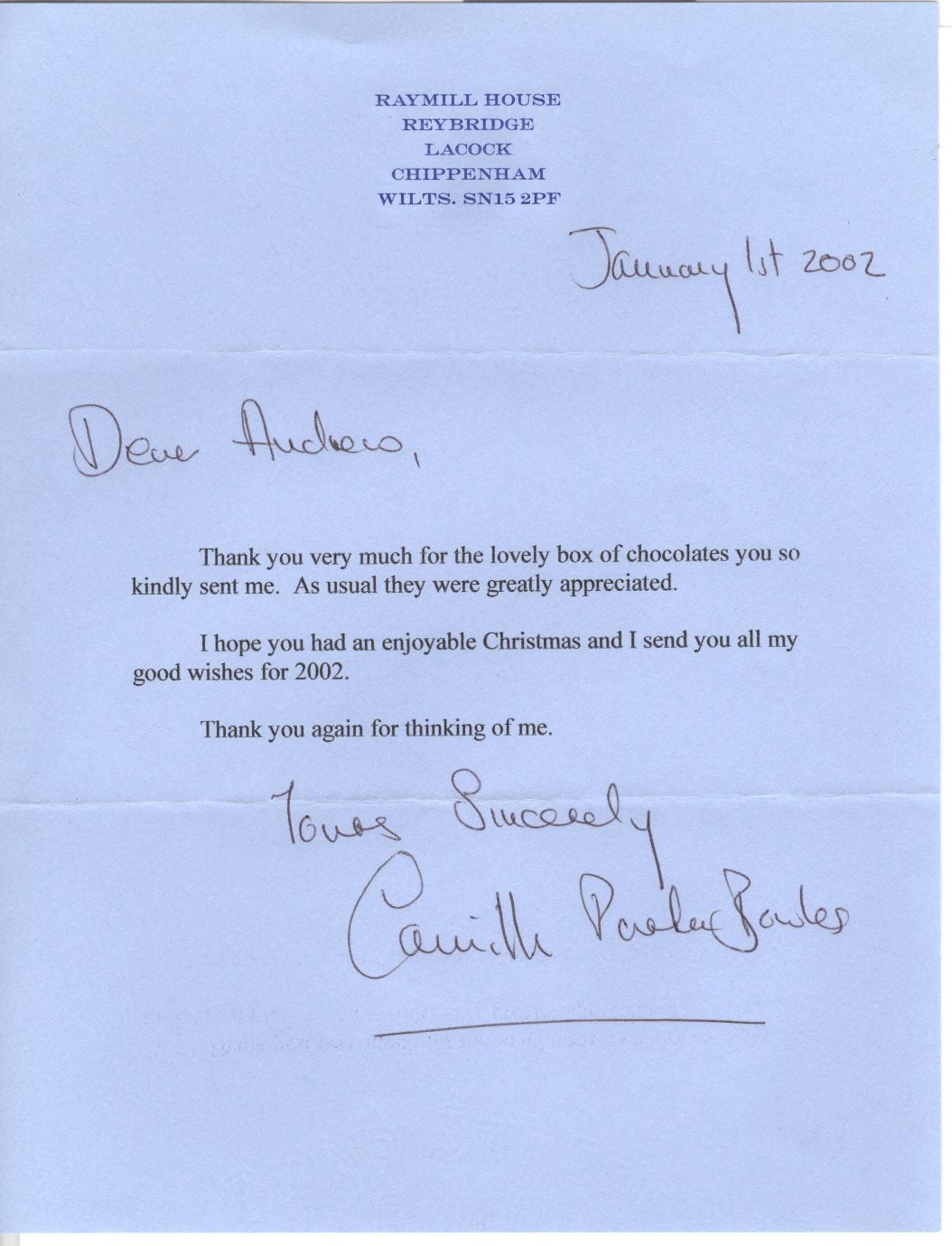 (Queen, formerly Parker-Bowles, b. 1947, Wife of King Charles III) — Sophie Dupré Autographs