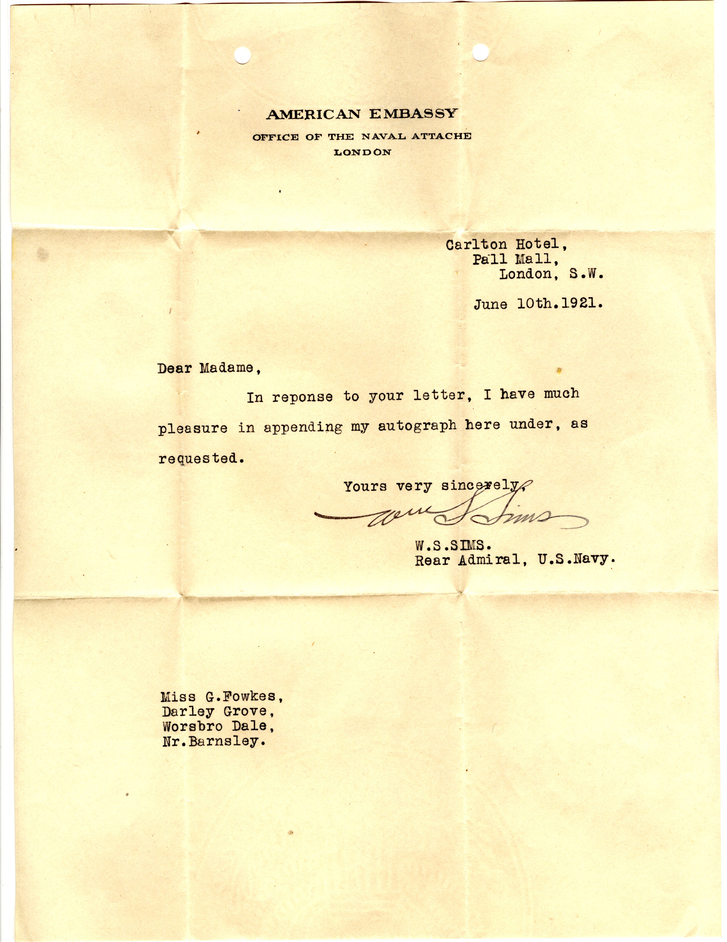 (William Sowden, 1858-1936,  Admiral in the United States Navy) — Sophie Dupré Autographs