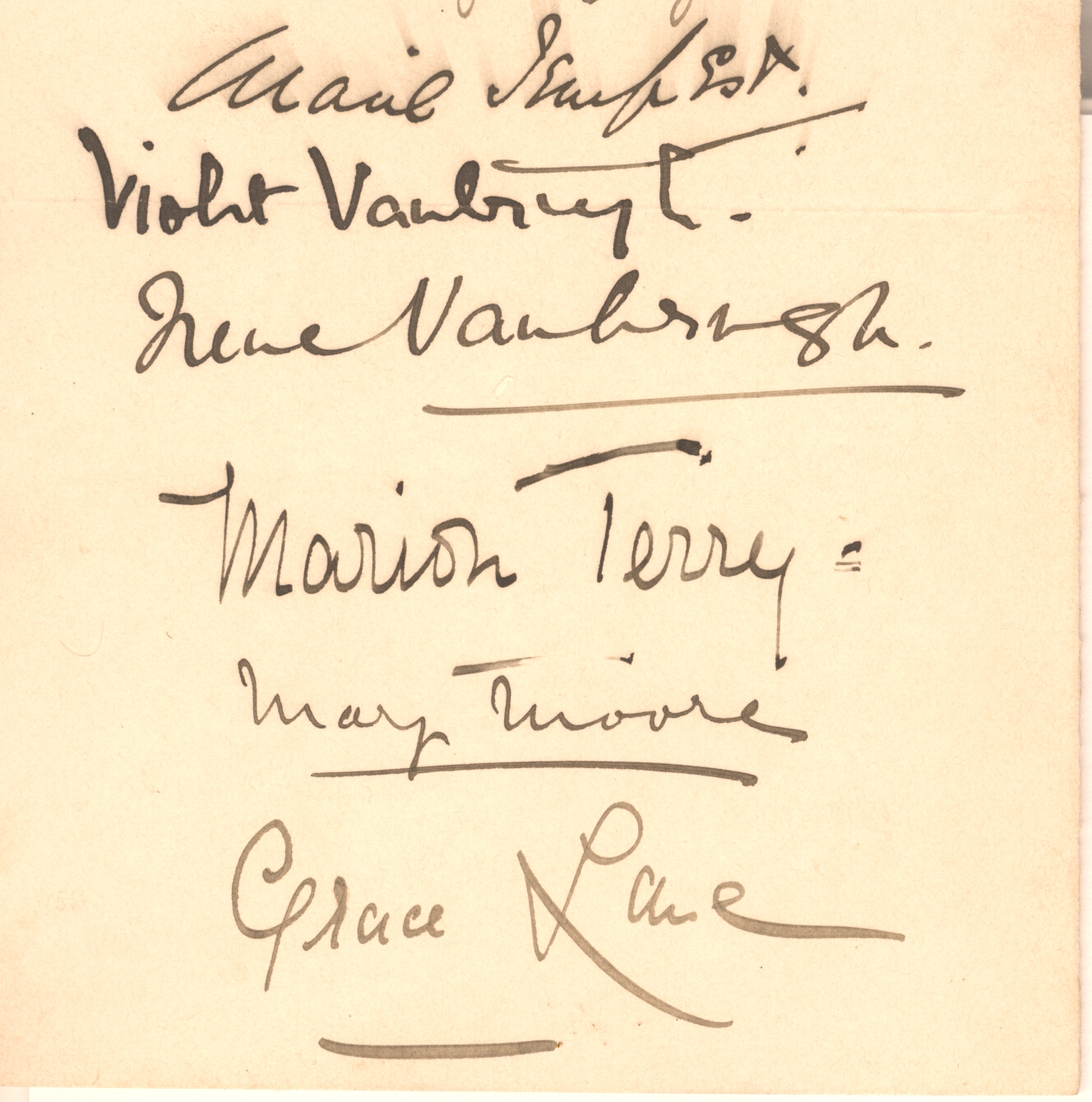 (Marie, Dame, 1864-1942, Actress,), Violet VANBRUGH (1867-1942, Actress) and her sister Dame Irene VANBRUGH (1872-1949, Actress), Marion TERRY (1856-1930, Actress, youngest of the four Terry sisters), Mary MOORE (Lady Mary Wyndham, 1862-1931, Actress and Theatre Manageress) and Grace LANE (1876-1956, Actress) — Sophie Dupré Autographs