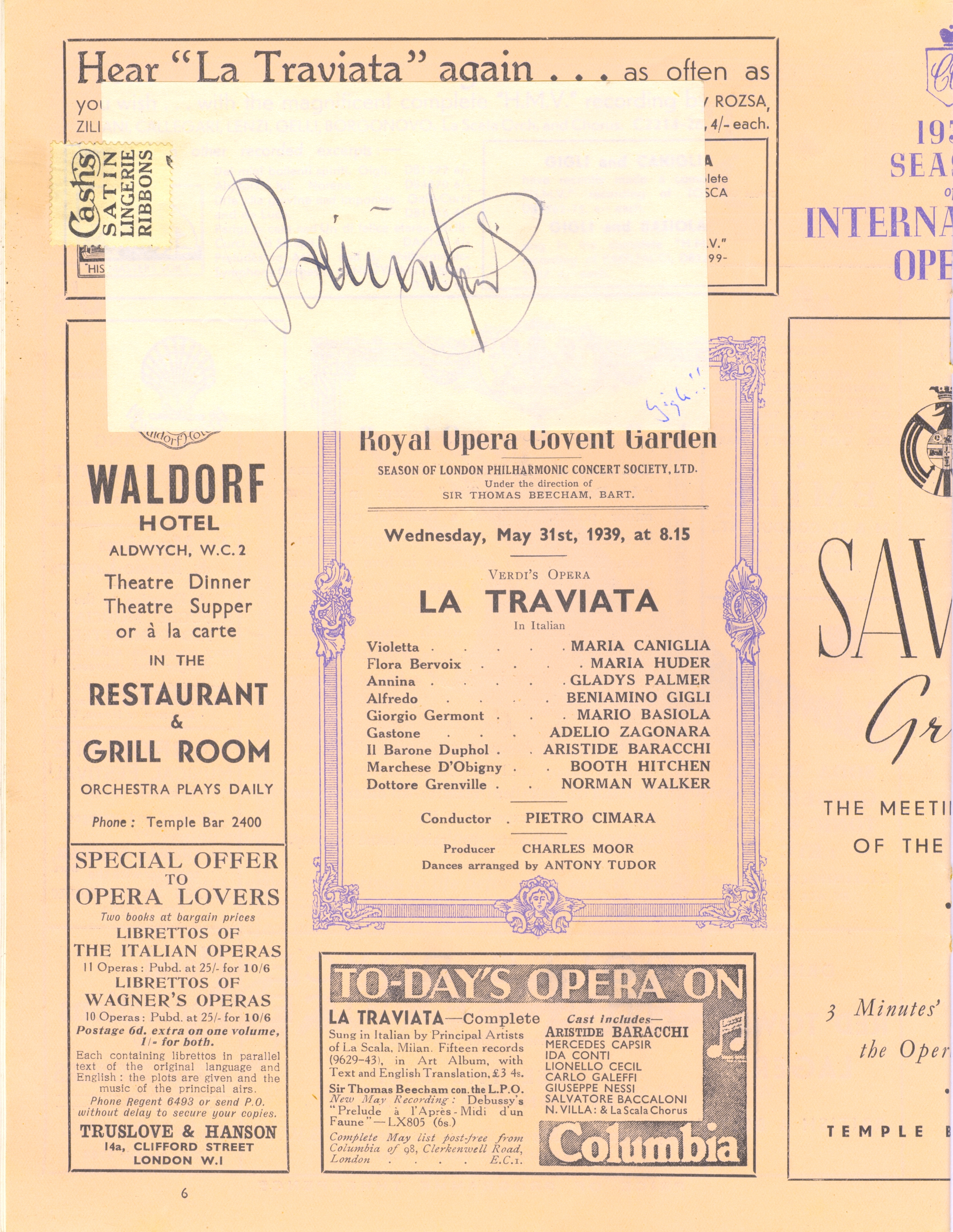 (Beniamino, 1890-1957, Italian Tenor) — Sophie Dupré Autographs