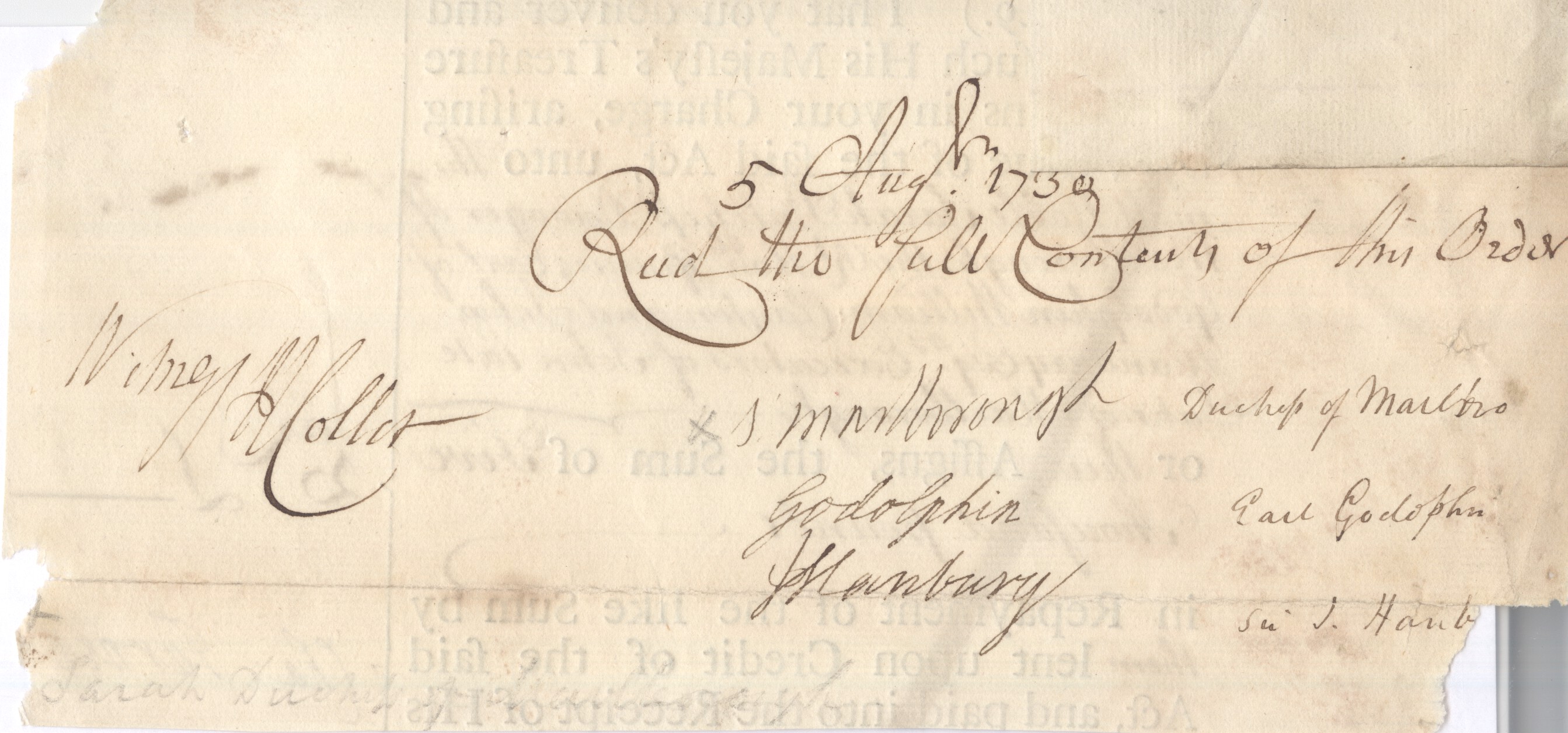 (Sarah, 1660-1744, née Jennings, favourite of Queen Anne, wife of John, 1st Duke) and Francis GODOLPHIN (1678-1766, 2nd Earl, Nobleman and Politician) — Sophie Dupré Autographs