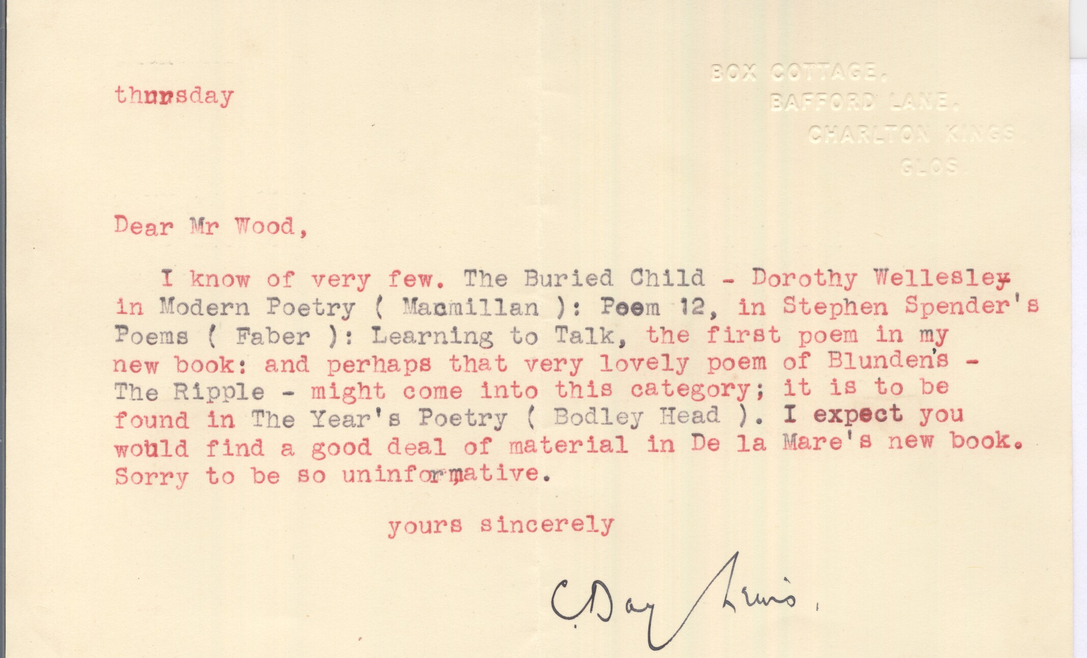 (Cecil, 1904-1972, from 1968 Poet Laureate) — Sophie Dupré Autographs