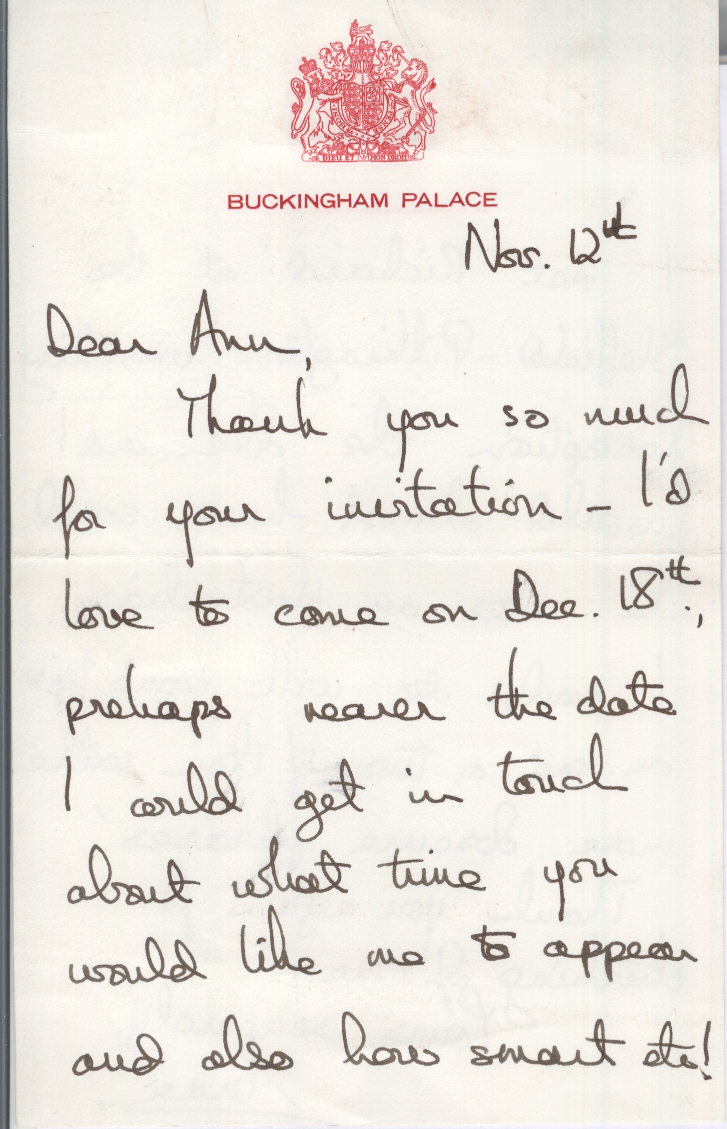 (b. 1950, Princess Royal, daughter of Elizabeth II) — Sophie Dupré Autographs