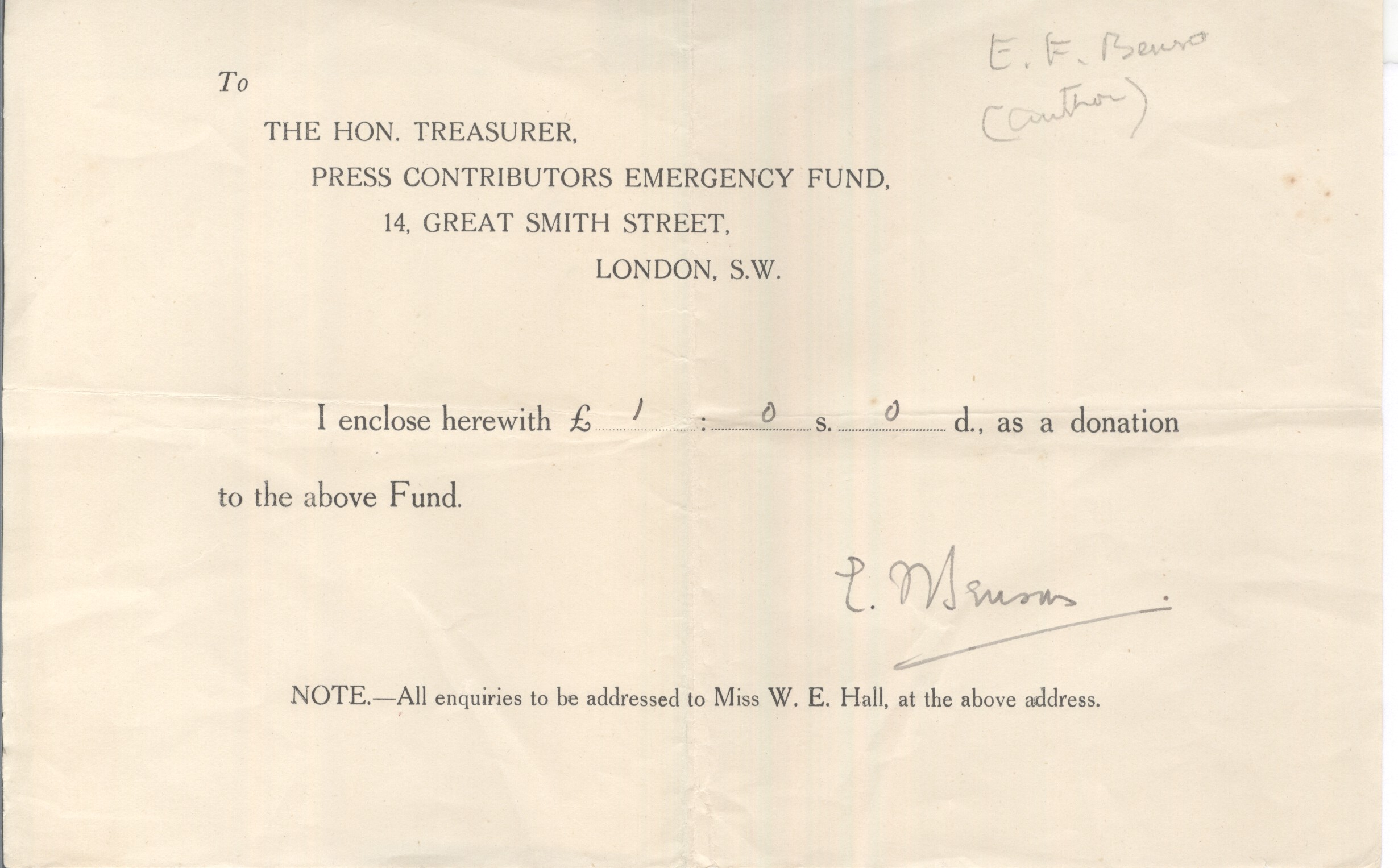 (Edward Frederick, 1867-1940, Novelist & Scholar, Author of the 'Mapp & Lucia' novels) — Sophie Dupré Autographs