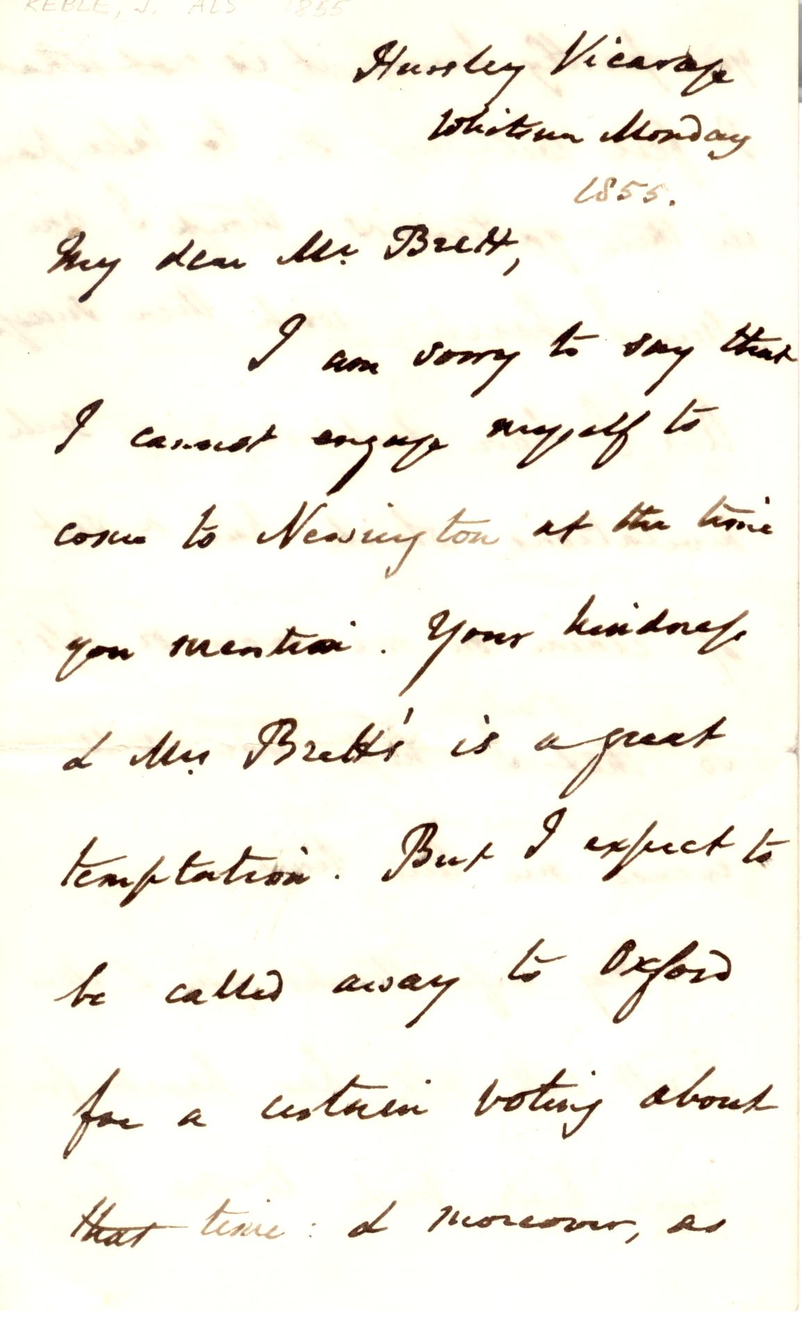 (John, 1792-1866, Theologian, Founder of the Oxford Movement) — Sophie Dupré Autographs