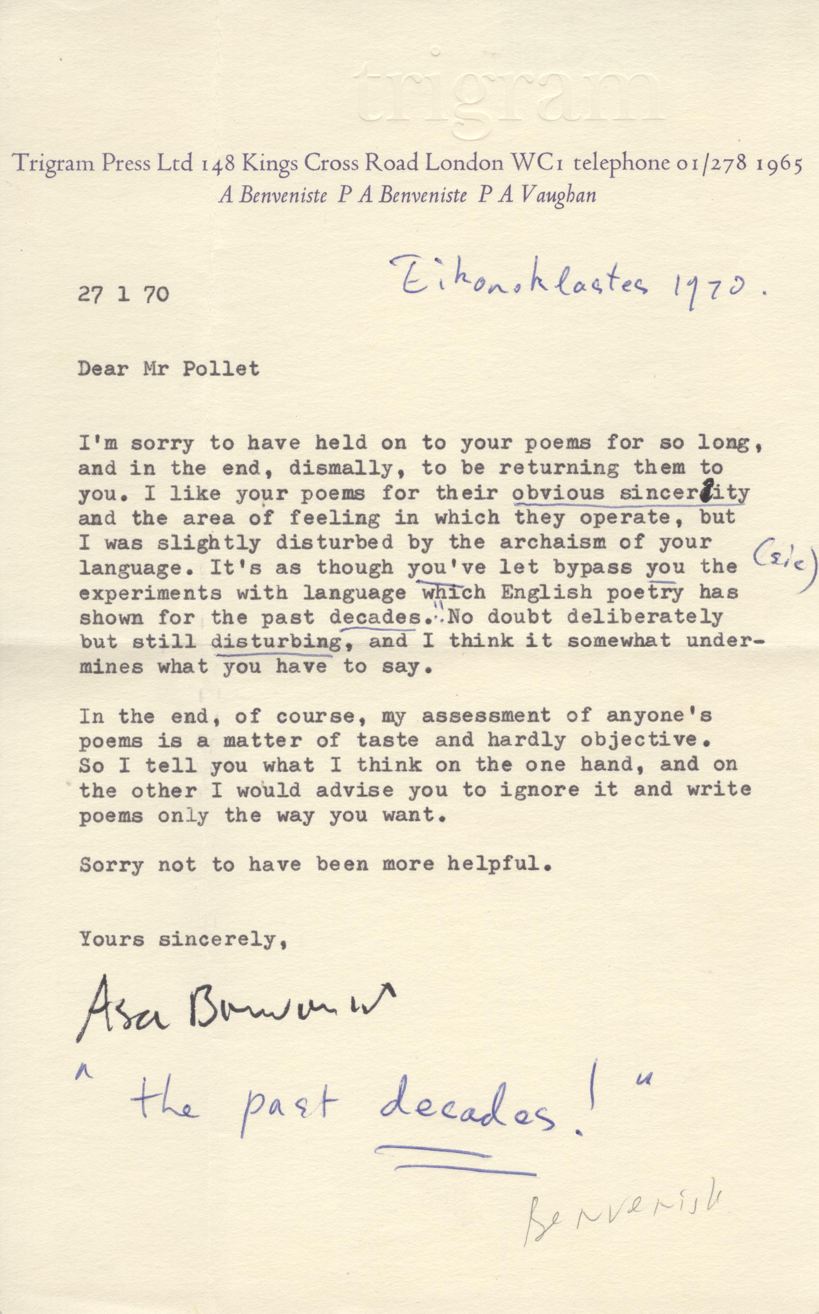 (Asa, 1925-1990, American Poet, Typographer and Publisher) — Sophie Dupré Autographs