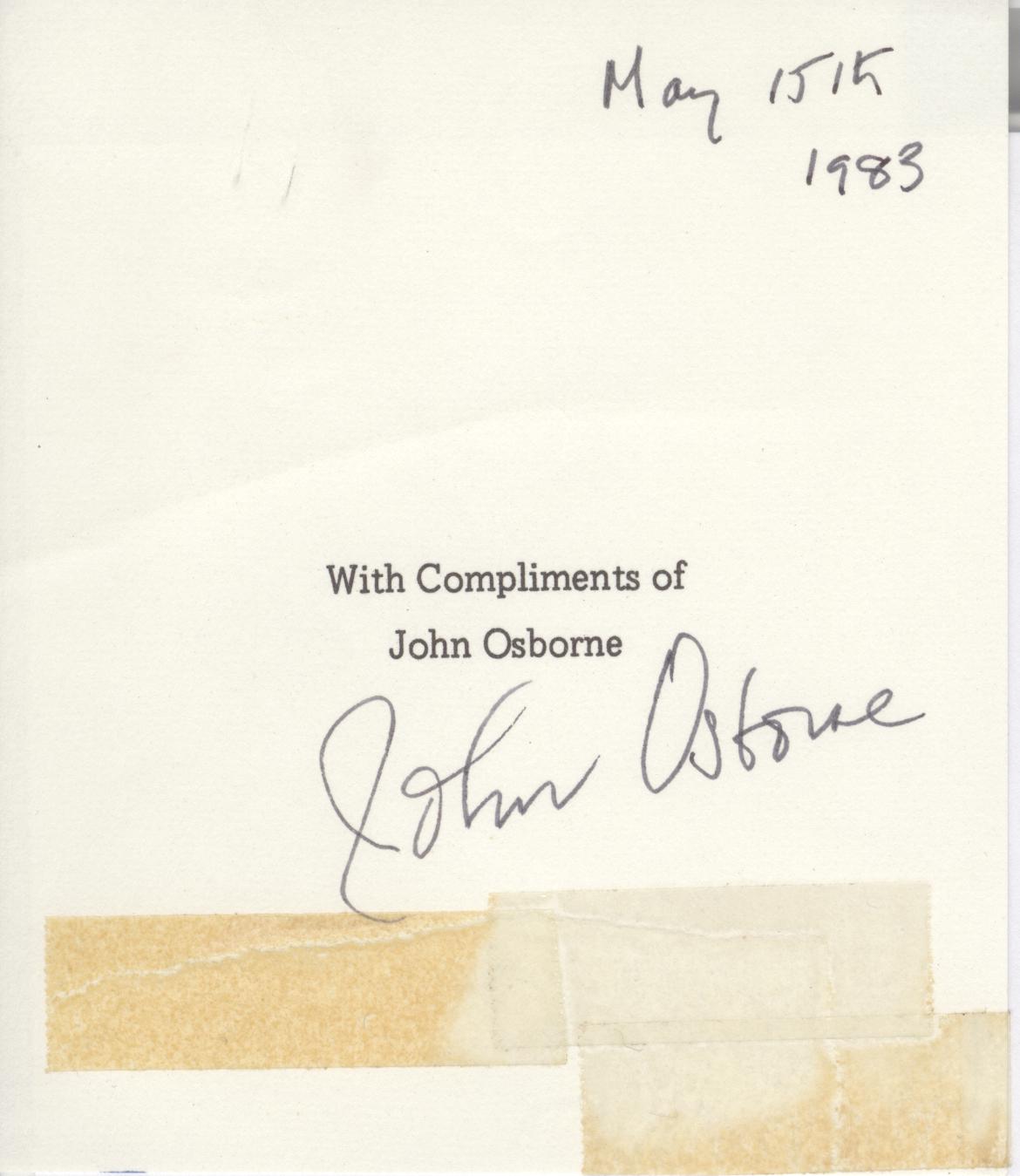 (John, 1929-1994, Dramatist, Author of 'Look Back in Anger') — Sophie Dupré Autographs