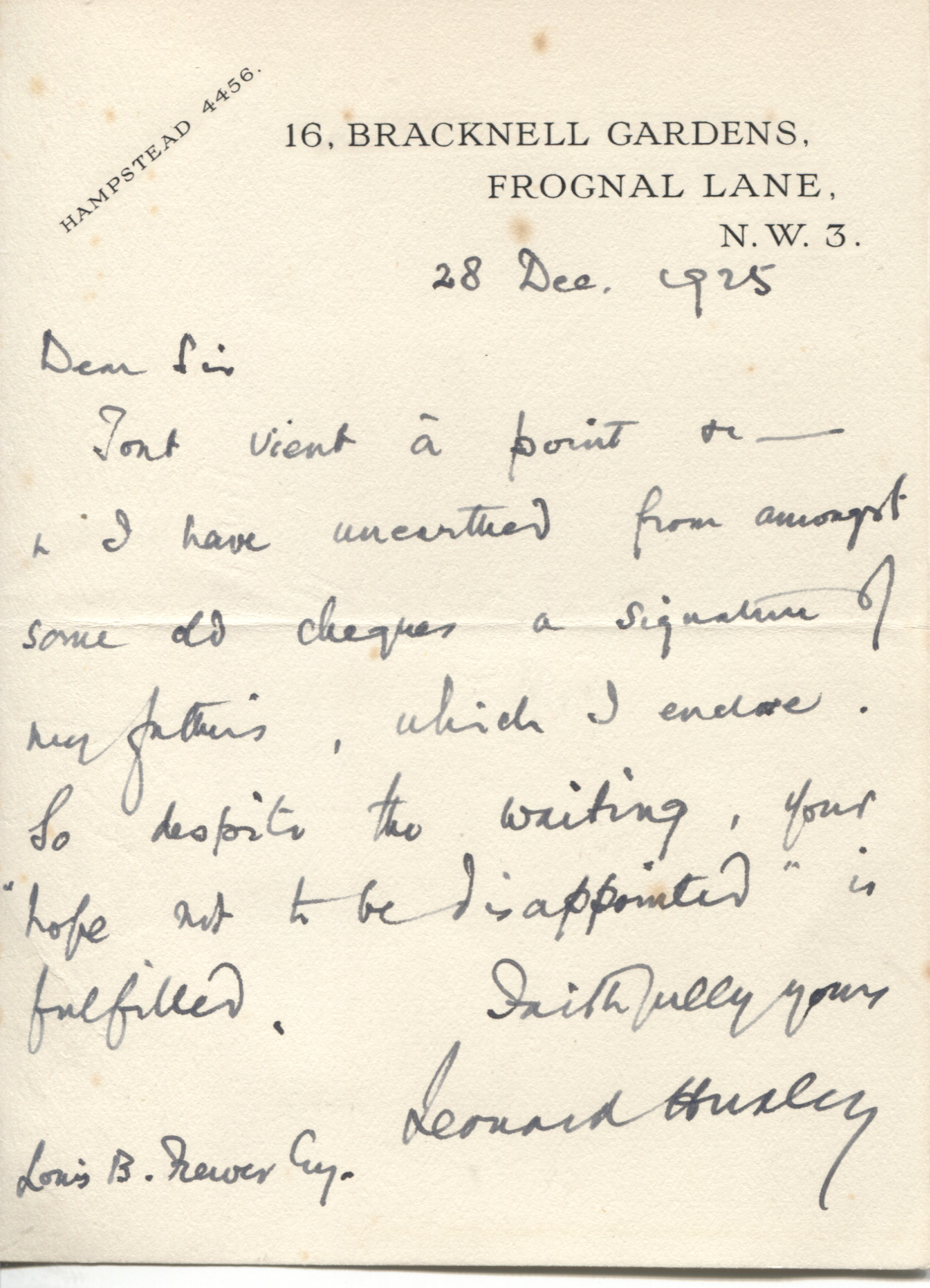 (Leonard, 1860-1933, Schoolteacher and Author, son of the Zoologist Thomas Henry Huxley) — Sophie Dupré Autographs