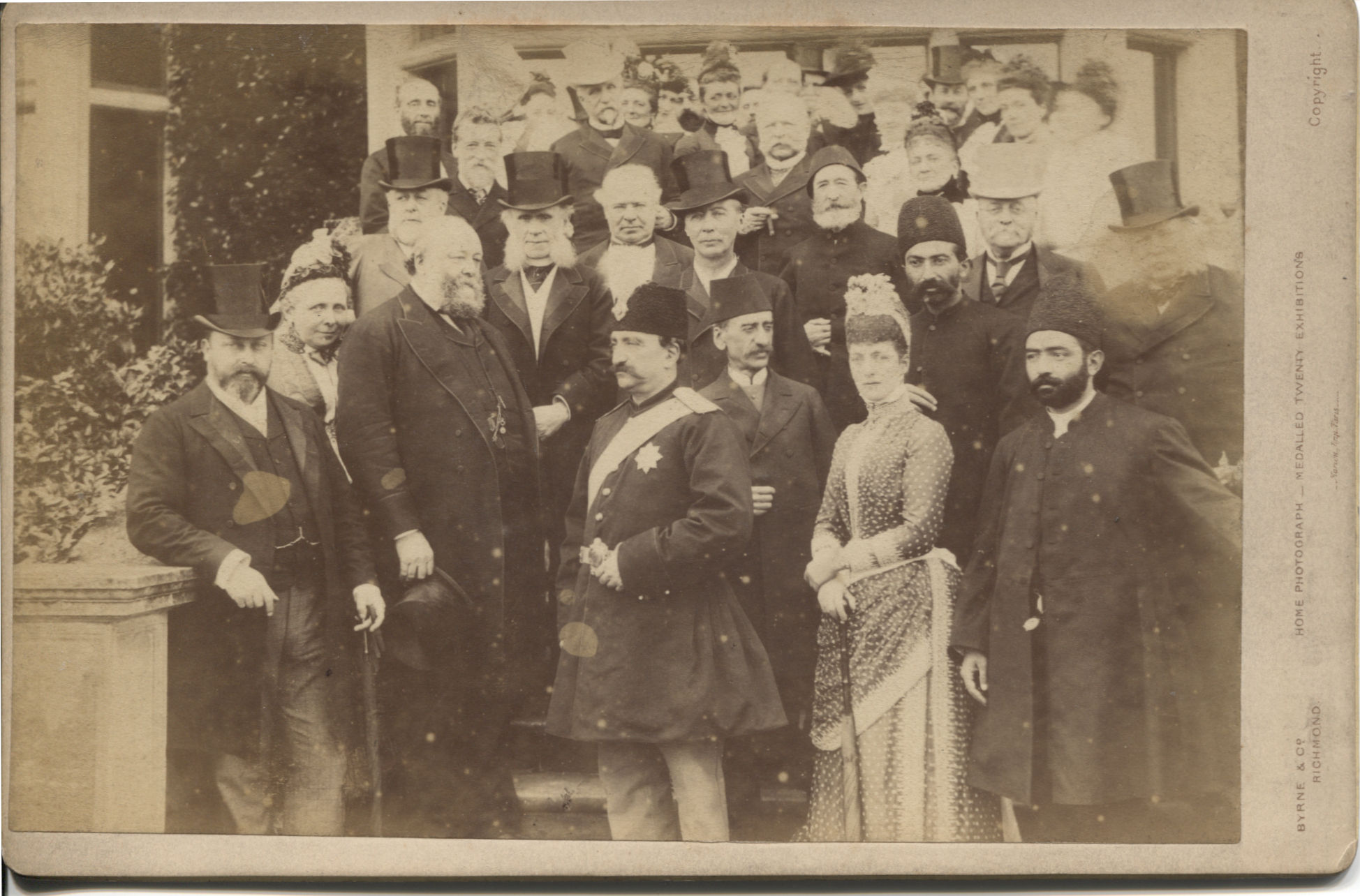 (1831-1896, Shah of Persia, 4th Ruler of the Qajar Dynasty, ascended the Peacock Throne in 1848 at the age of eighteen and ruled as Shah-in-Shah until he was assassinated), EDWARD VII (1841-1910, King of Great Britain) & ALEXANDRA (of Denmark, 1844-1925, his Queen)] — Sophie Dupré Autographs