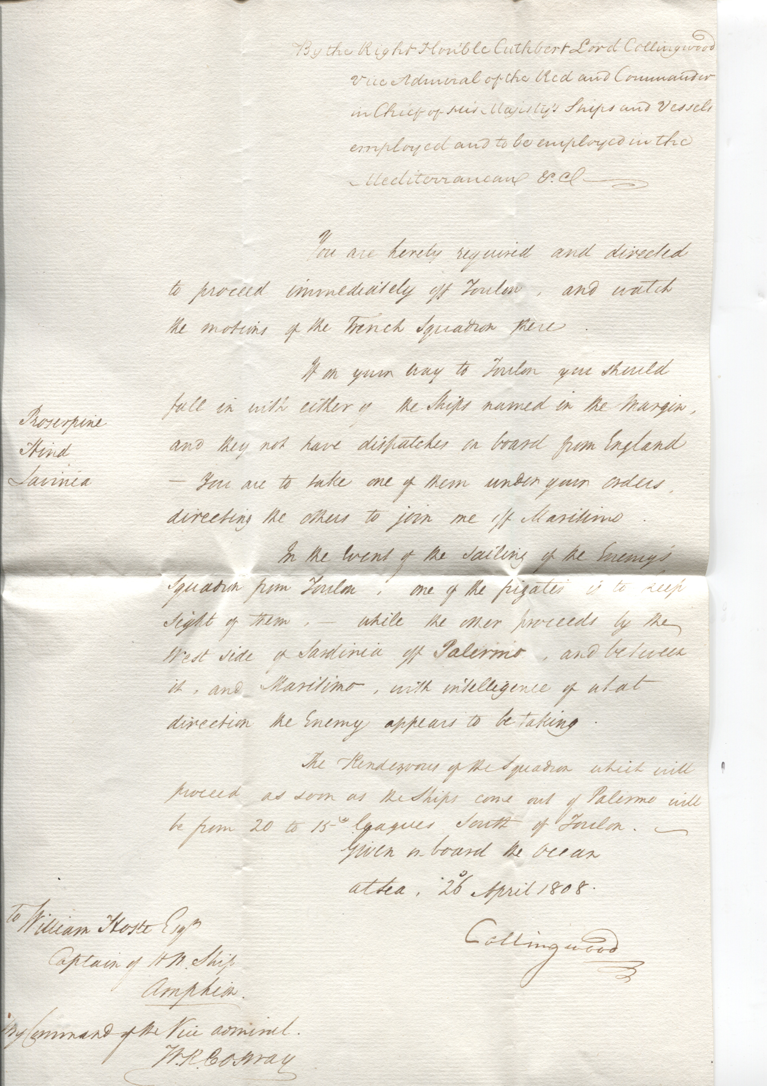 (Cuthbert, Lord, 1748-1810, Admiral, Took Command at Trafalgar after the death of Nelson) — Sophie Dupré Autographs