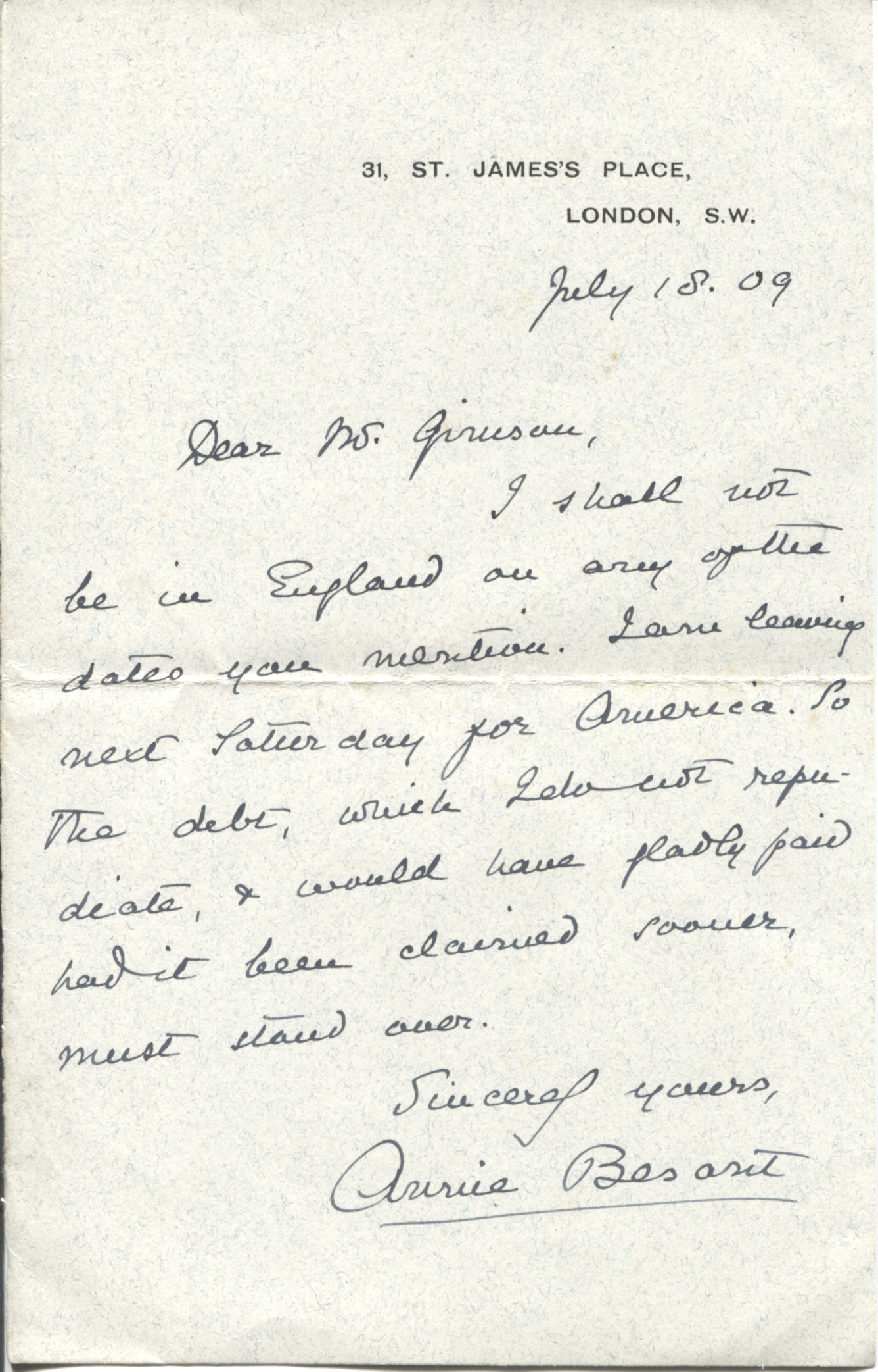 (Mrs. Annie, 1847-1933, née Wood, Freethinker, later Theosophist, Women's Rights Activist) — Sophie Dupré Autographs