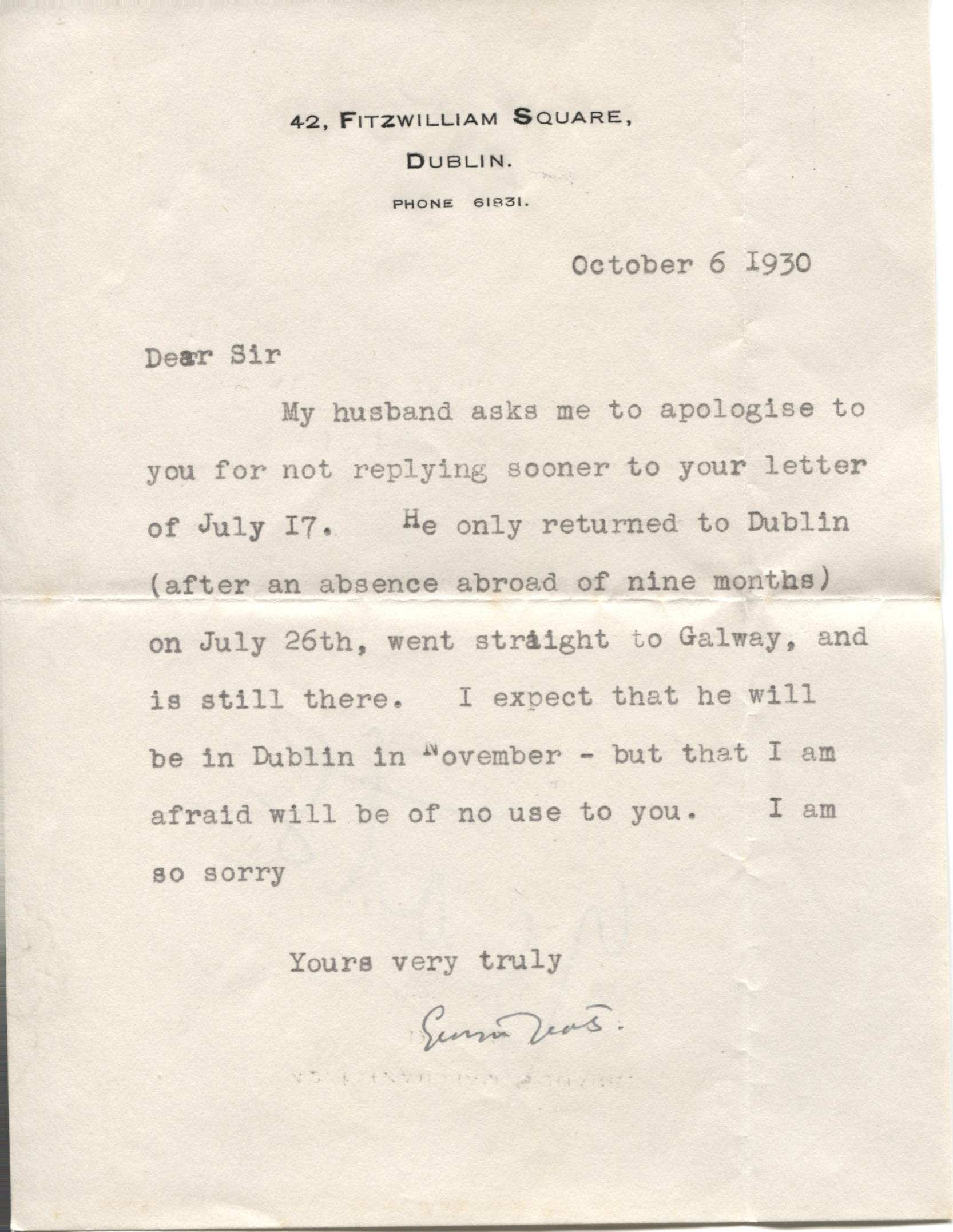 (William Butler, 1865-1939, Irish Poet & Dramatist) — Sophie Dupré Autographs