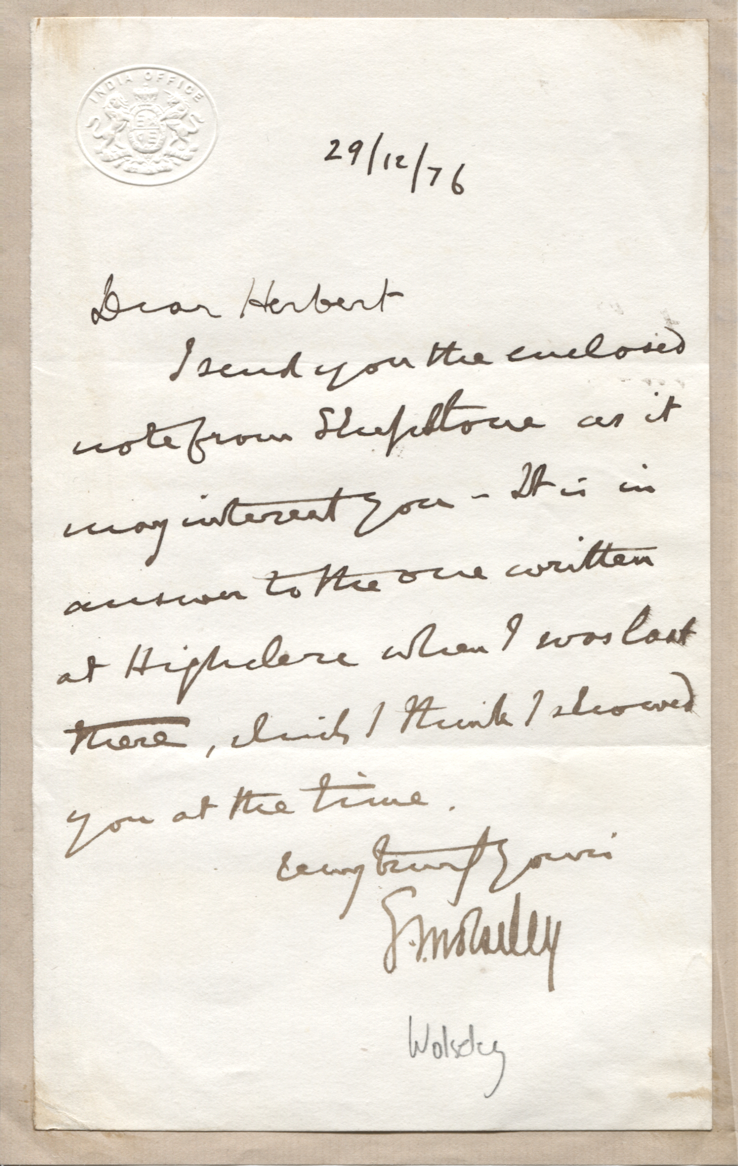 (Garnet, Viscount, 1833-1913, Field Marshal, C-in-C of the Army) — Sophie Dupré Autographs