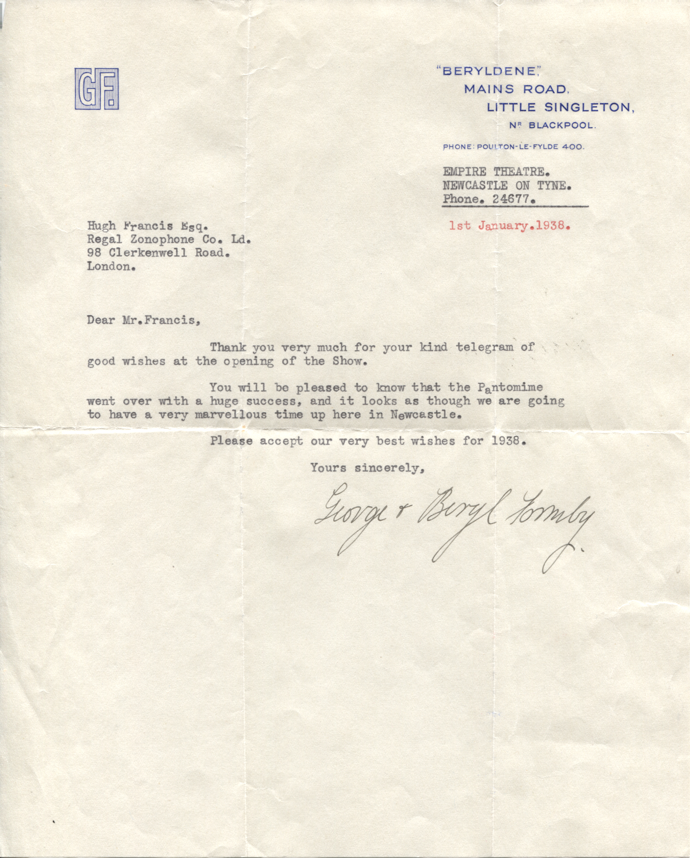 (George, 1905-1961, Comedian & Film Star) and his wife Beryl INGHAM (1901-1960, Wife and Manager of her husband, Actor) — Sophie Dupré Autographs