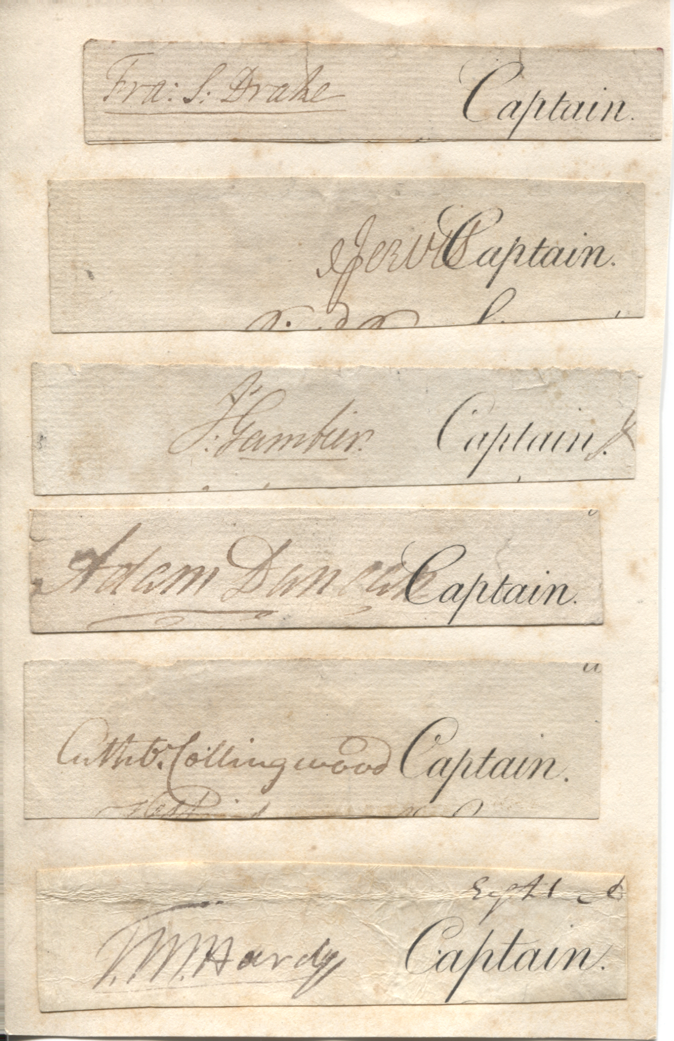 (Sir Francis Samuel, 1729-1789, Naval Officer who served during the French & Indian / Seven Years War and in the American Revolutionary War, rising to the rank of Rear-Admiral of the Red), ST VINCENT (John Jervis, 1735-1823, C-in-C West Indies and Mediterranean, Admiral of the Fleet, from 1797 1st Earl), James GAMBIER (1st Baron, 1756-1833, Admiral of the Fleet), Adam DUNCAN (1st Viscount, 1731-1804, Admiral who defeated the Dutch fleet off Camperdown), Cuthbert COLLINGWOOD (1st Baron, 1788-1810, Vice Admiral, served with Nelson) and Sir Thomas Masterman HARDY (1769-1839, Admiral, Nelson's Flag Captain) — Sophie Dupré Autographs