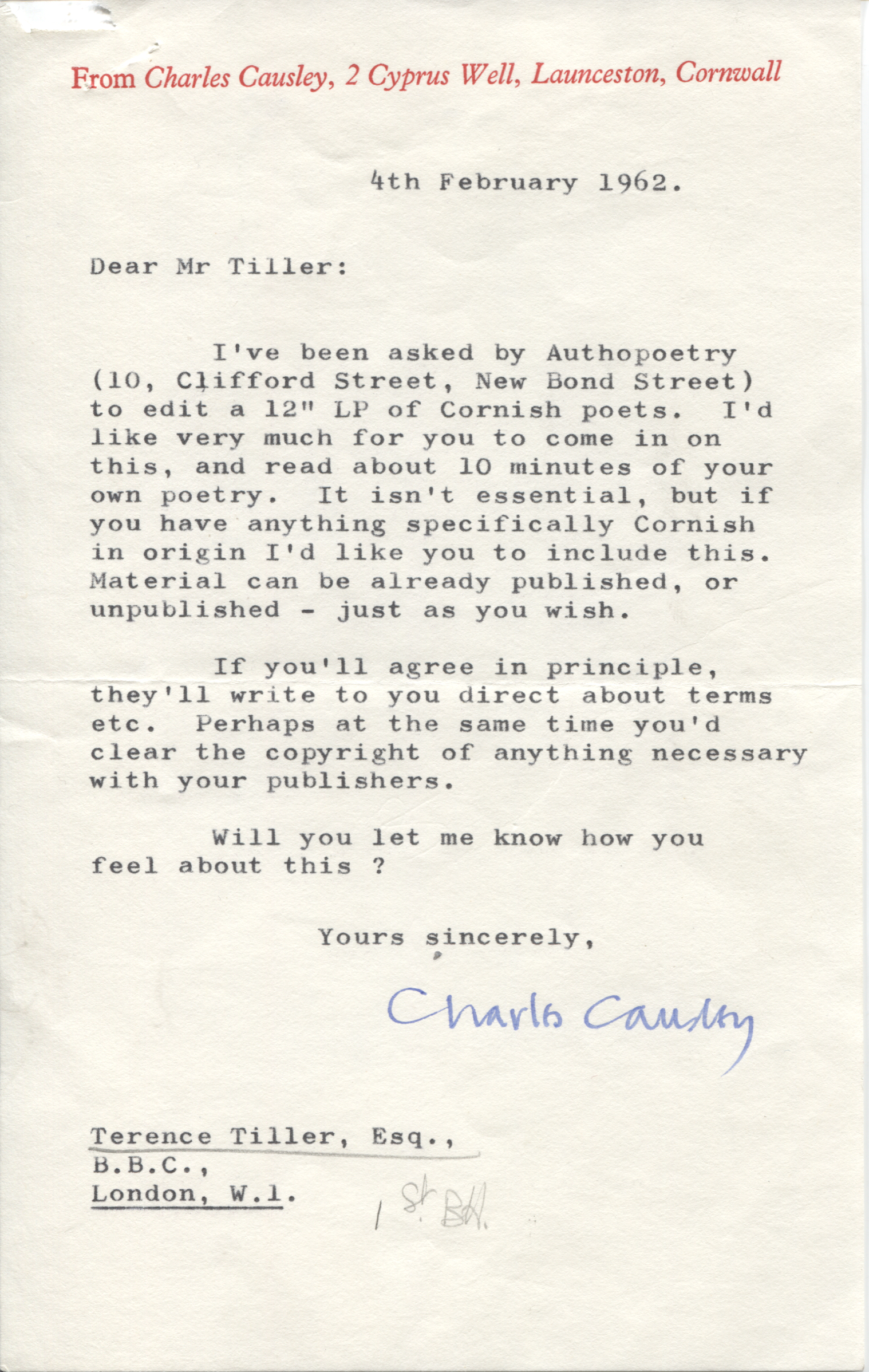 (Charles, 1917-2003, Cornish Poet, Schoolmaster and Writer) — Sophie Dupré Autographs