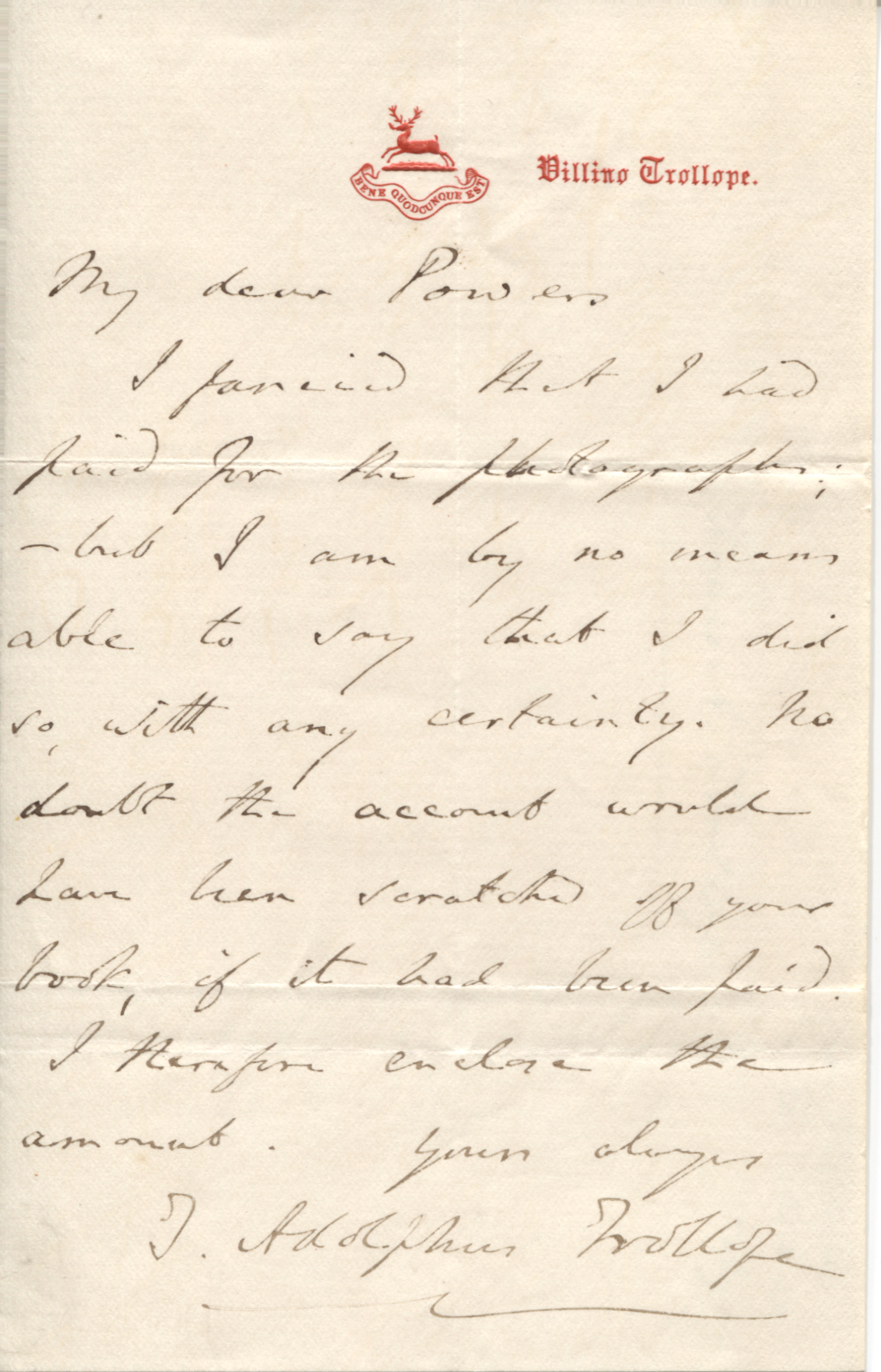 (Thomas Adolphus, 1810-1892, eldest son of Thomas Anthony, brother of Anthony) — Sophie Dupré Autographs