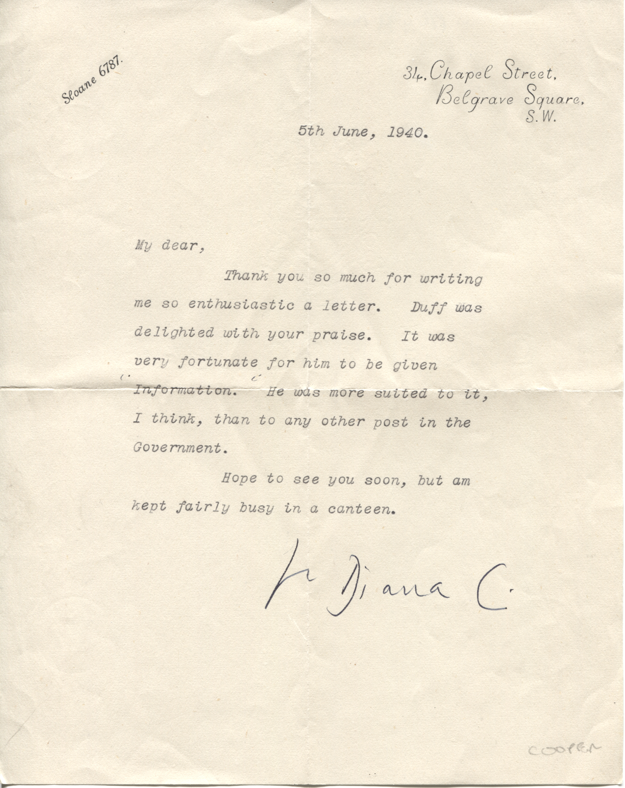 (Lady Diana, n&eacute;e Lady Diana Olivia Winifred Maud Manners, 1892-1986, Actress &amp; Author) — Sophie Dupré Autographs