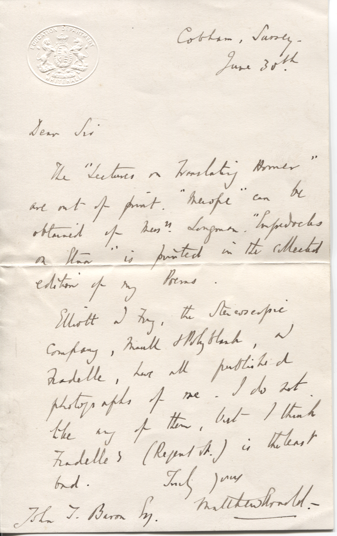 ARNOLD — Fine Autograph Letter Signed to John T. Baron | Sophie Dupré Autographs