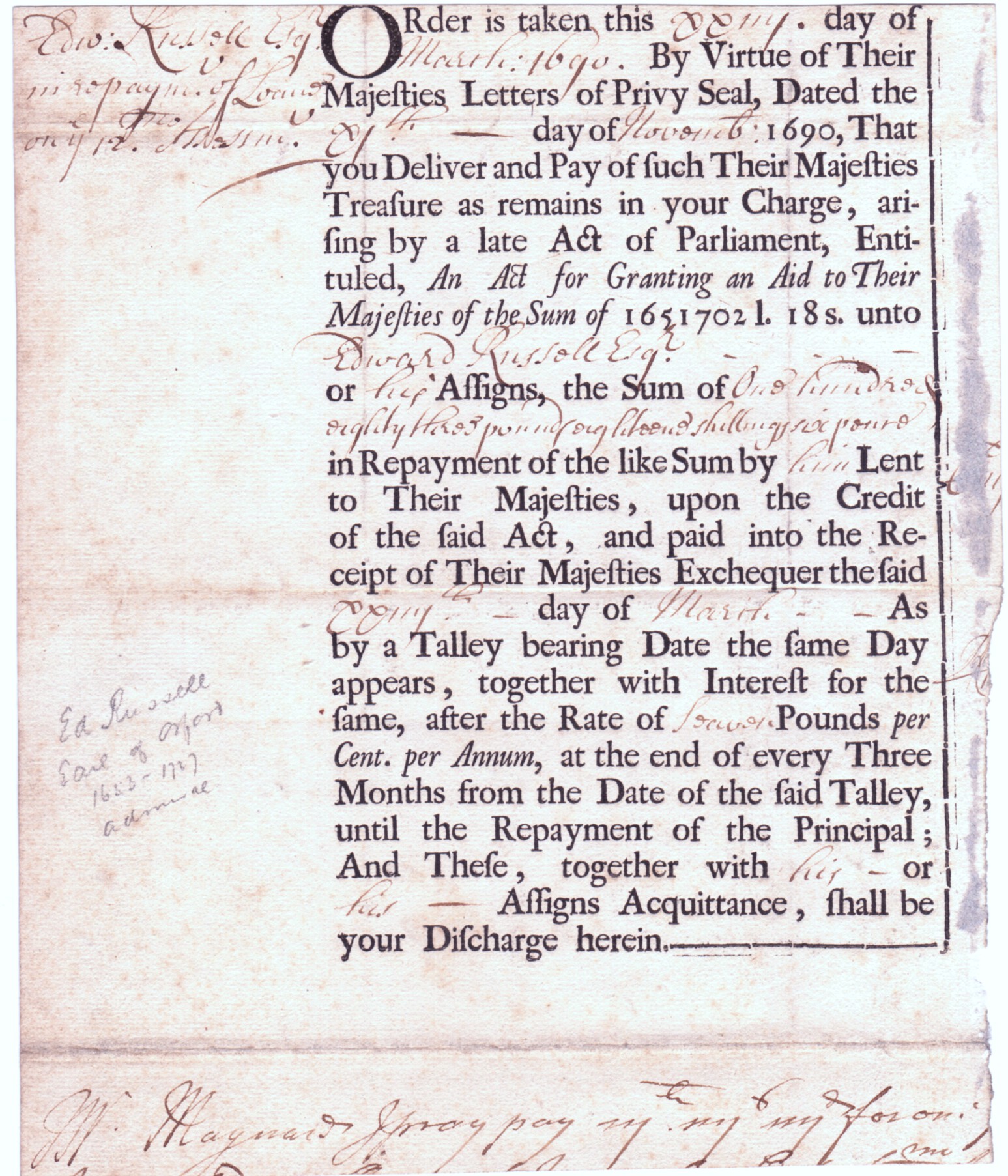 (Edward Russell, 1652-1727, Admiral, victor of La Hougue, 1st Earl) — Sophie Dupré Autographs